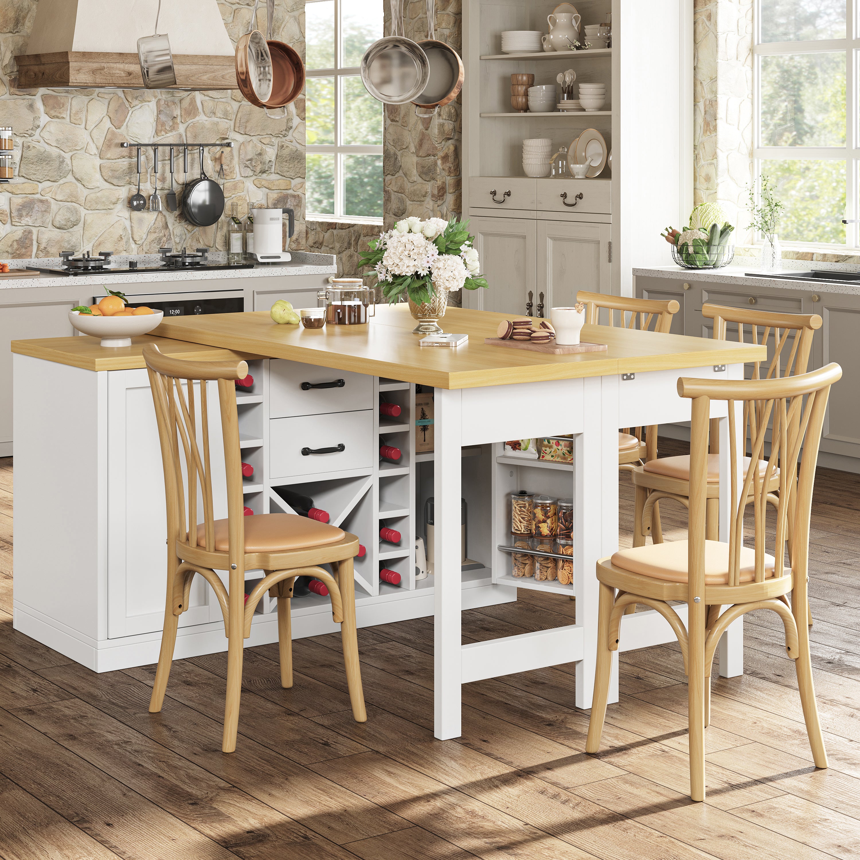 Extendable Sideboard & Dining Table Combo with Wine Rack,  Built-in Trash Bin Compartment and Side Doors with Snack Storage Racks, White