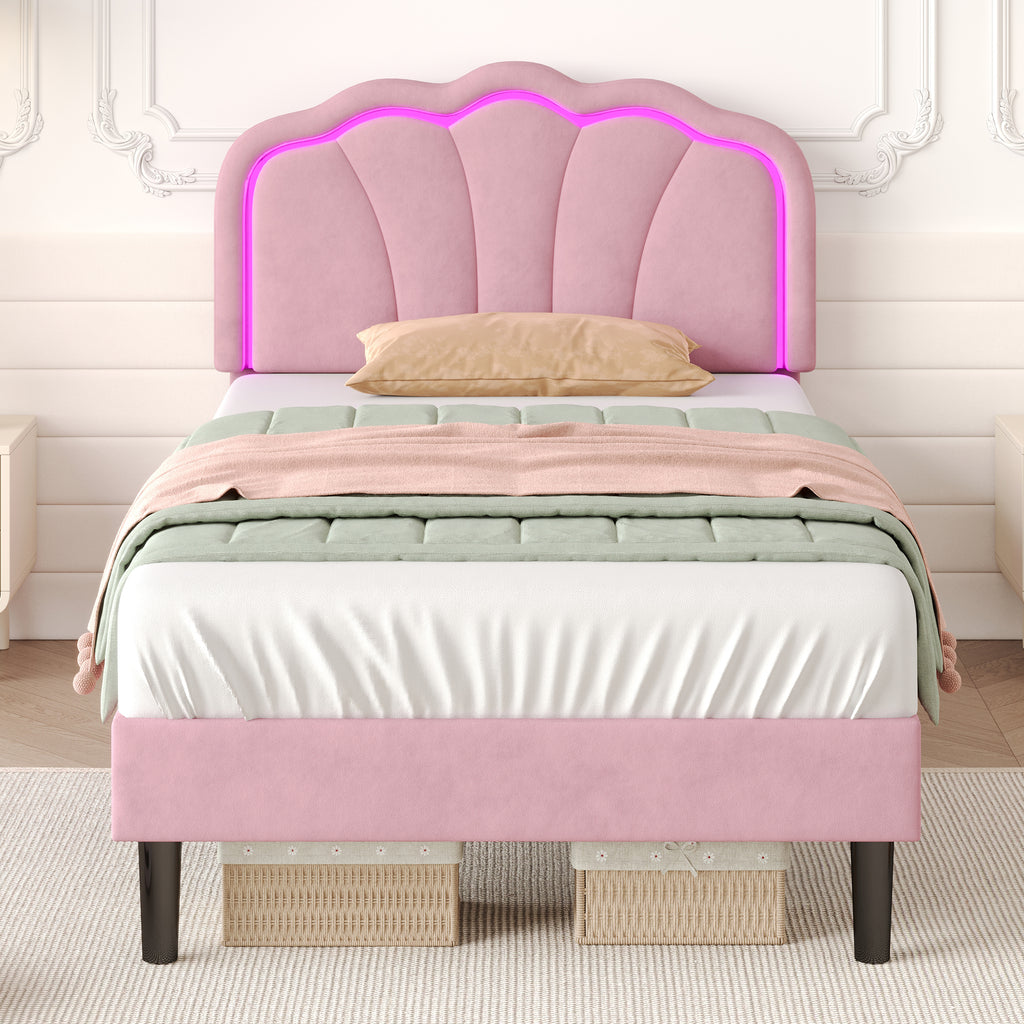 3ft Single Upholstered Bed with LED Adjustable Shell Shape Headboard, Soft Velvet Bed Frame with Solid Wood Slat, No Box Spring Needed, Easy Assembly, Pink (No Mattress)