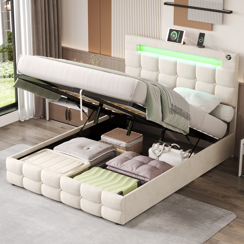 4ft6 Double Upholstered Bed Frame with Hydraulic Storage, Velvet Ottoman Bed with LED Lighting and Charging Station,  Double Bed with Adjustable Button Tufted Headboard, Beige (No Mattress)