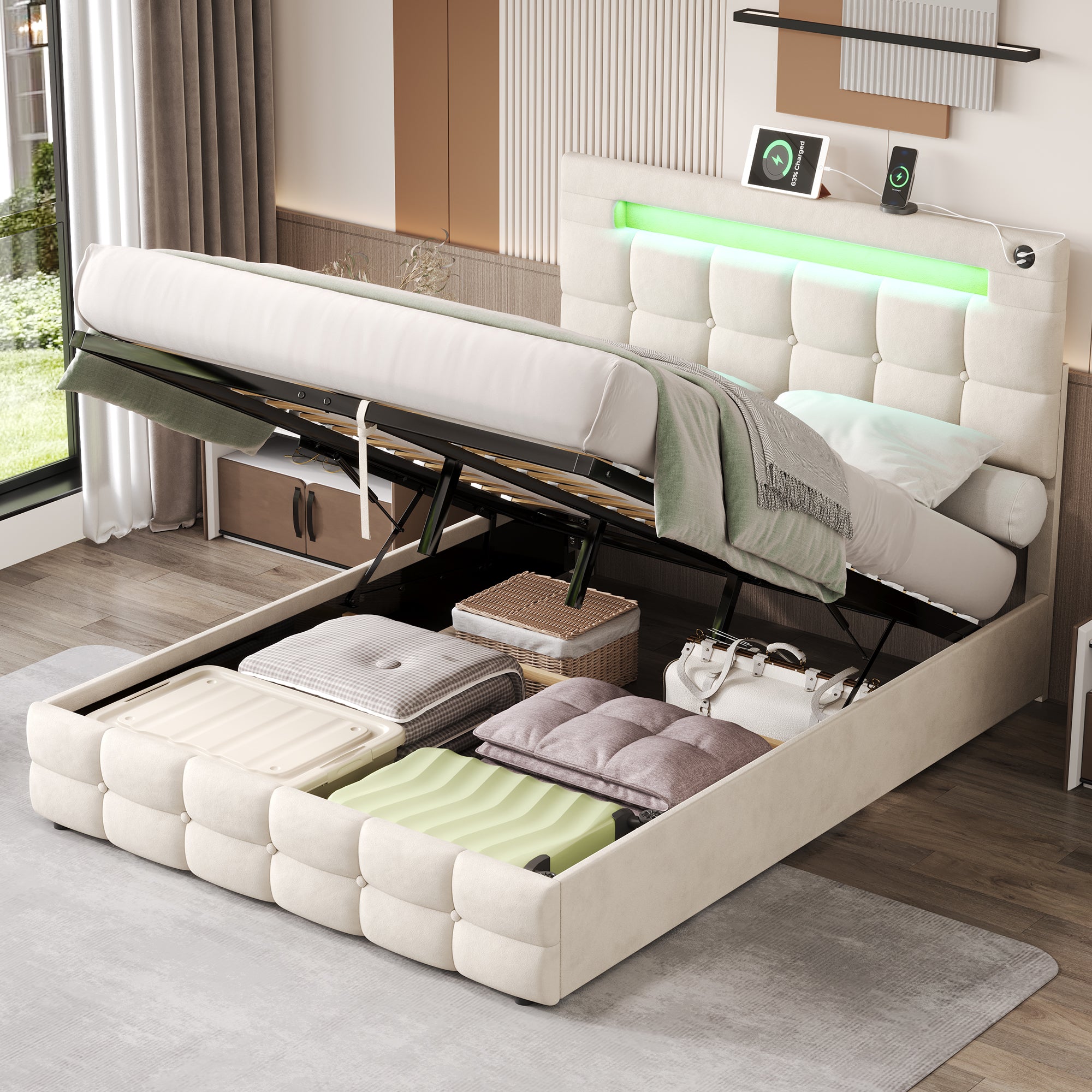4ft6 Double Upholstered Bed Frame with Hydraulic Storage, Velvet Ottoman Bed with LED Lighting and Charging Station,  Double Bed with Adjustable Button Tufted Headboard, Beige (No Mattress)