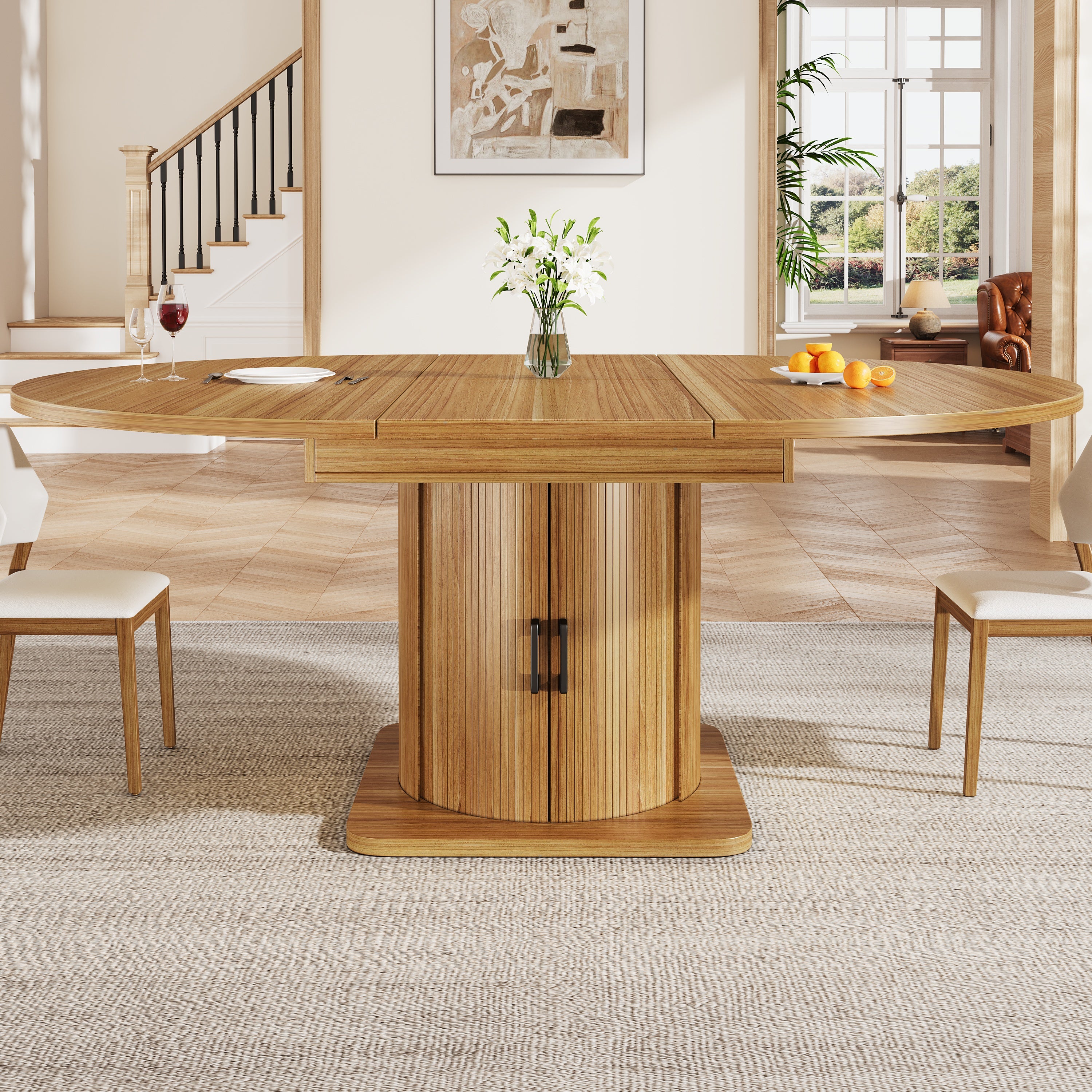 Extendable dining table, dining room table, kitchen table, round dining table, extends to oval, 118-158 cm, seats up to 6 people, dining table with drawers, dark brown