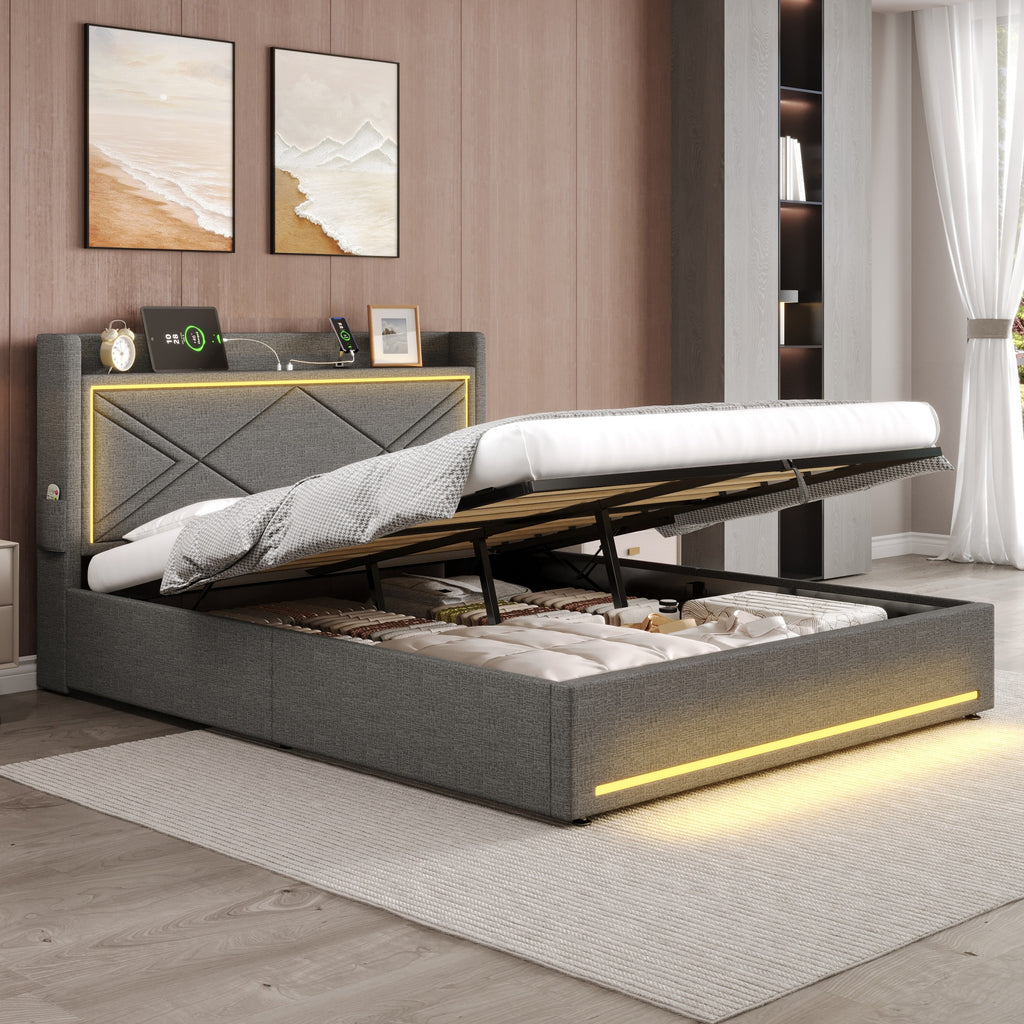 4ft6 Double Upholstered Bed Frame with Hydraulic Storage,  Linen Ottoman Bed with LED Lighting and Charging Station, USB and Type - C Ports, No Box Spring Needed, Grey (No Mattress)