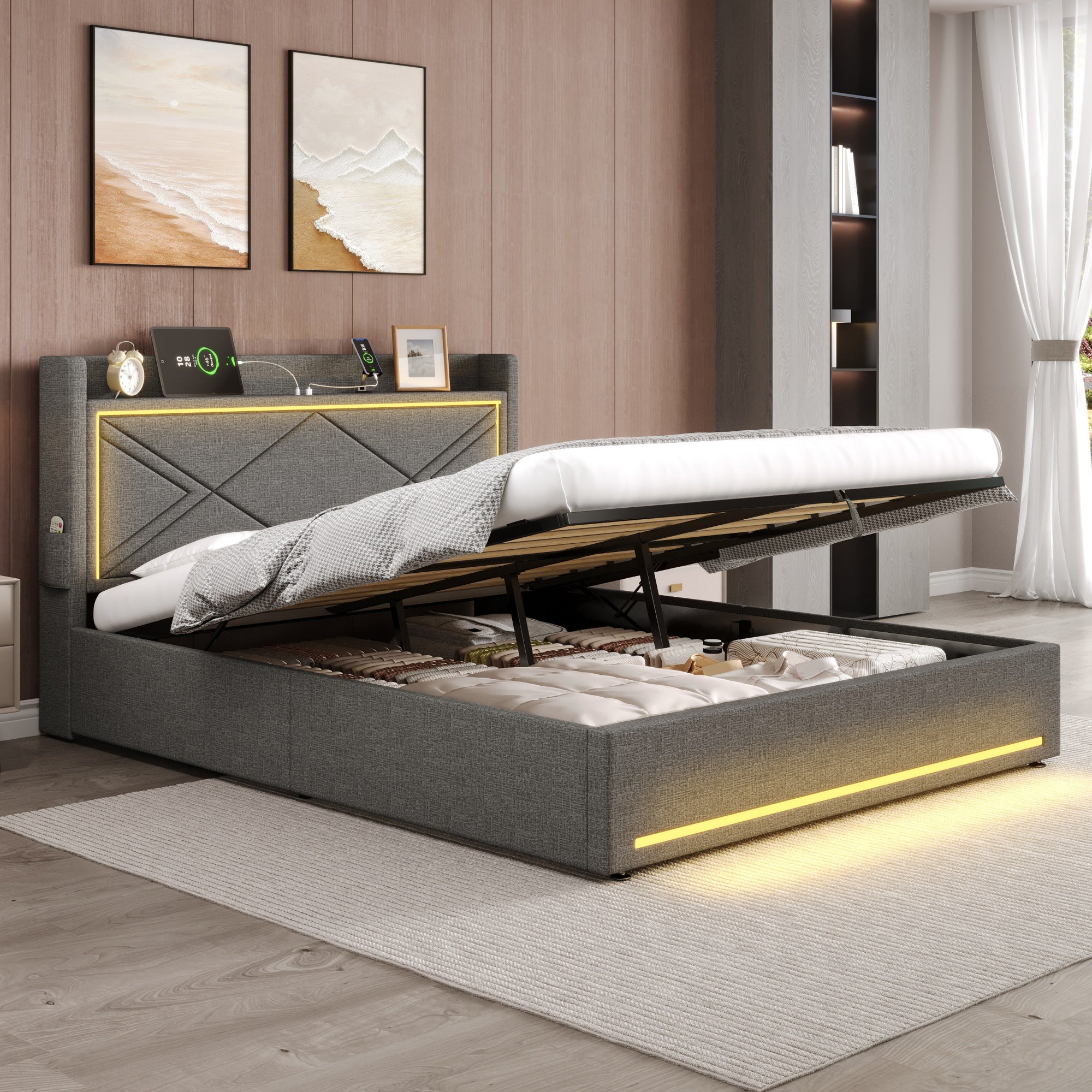 5ft King Upholstered Bed Frame with Hydraulic Storage,  Linen Ottoman Bed with LED Lighting and Charging Station, USB and Type - C Ports, No Box Spring Needed, Grey (No Mattress)