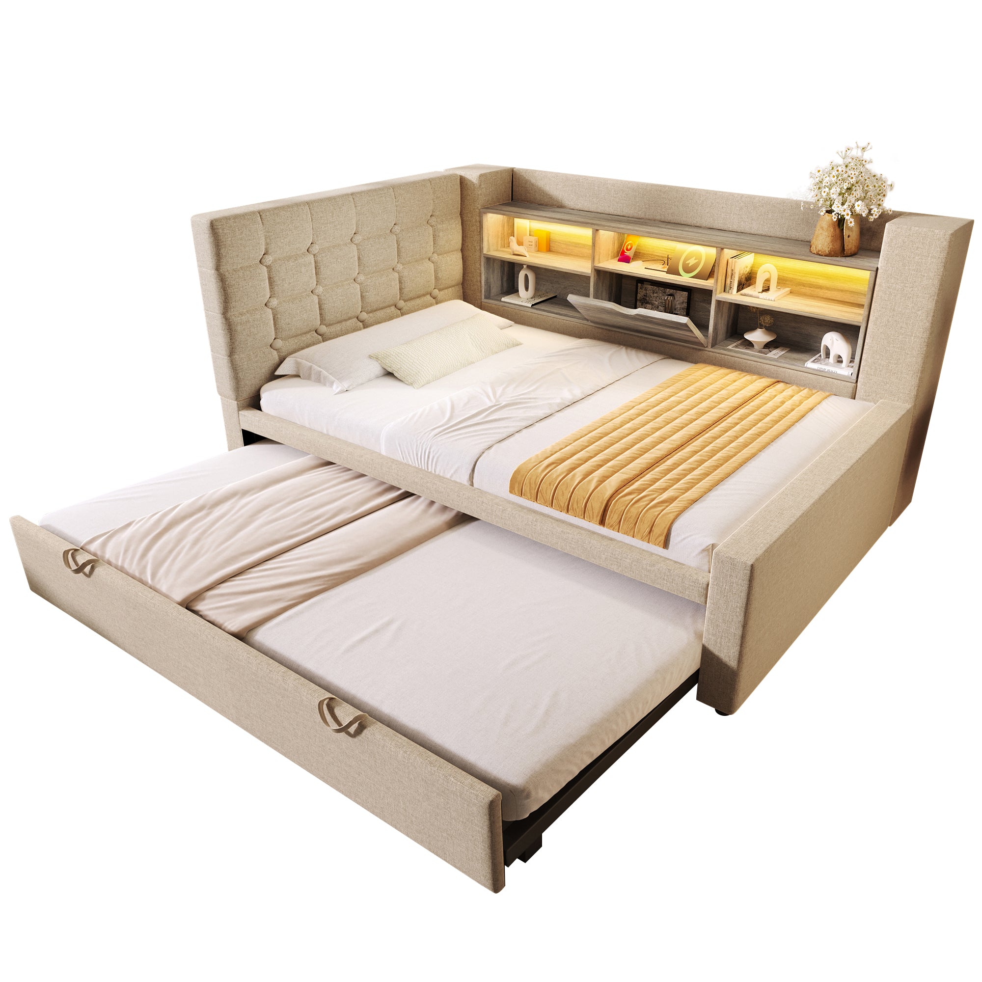  Daybed Upholstered Bed 90 x 190 cm, 3FT Single Sofa Bed with Storage, USB &Type C Charging Station, Pull out Trundle for Living Room and Bedroom, Linen, Beige (No Mattress)