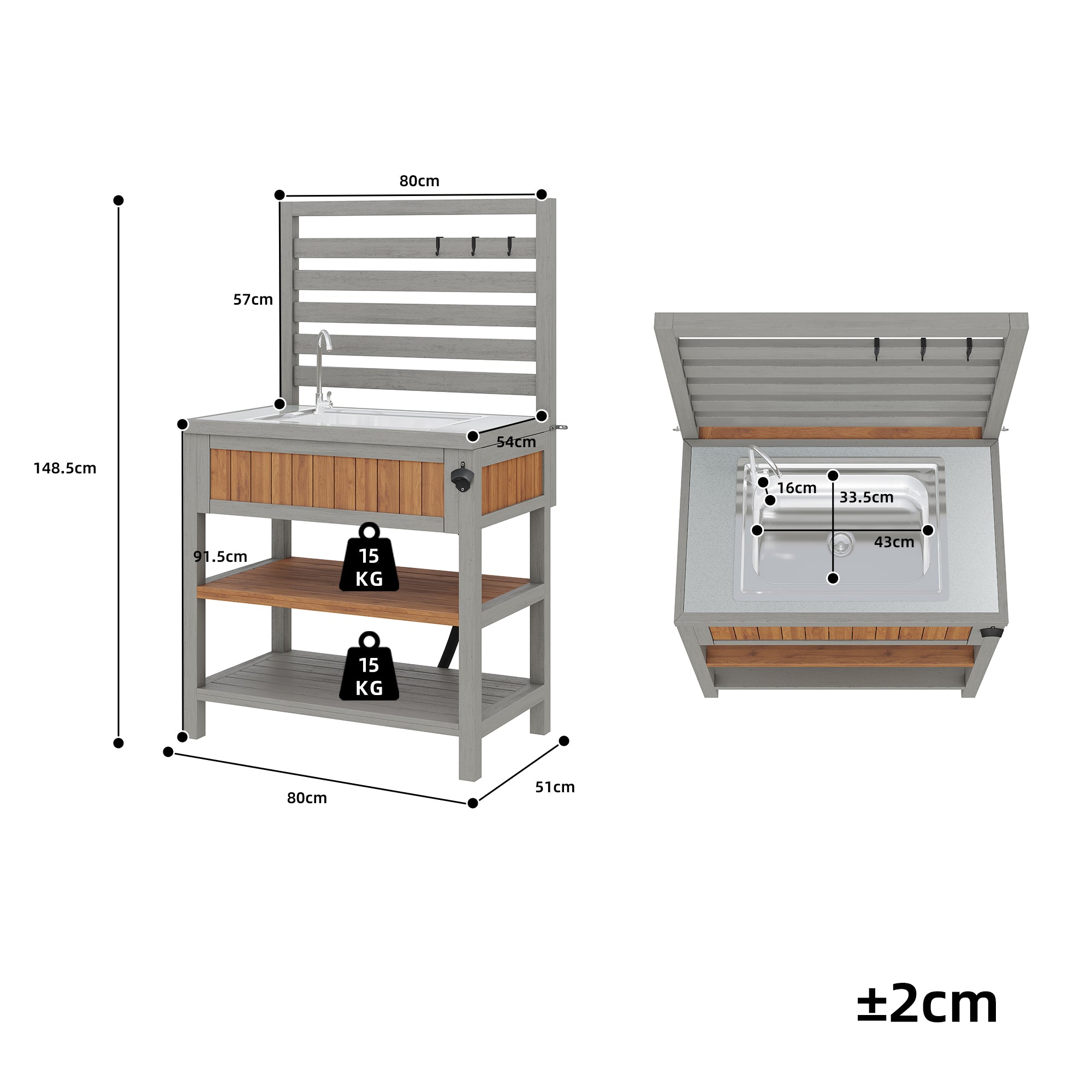 Garden cabinet with water basin & tap and integrated bottle opener – weatherproof tool cabinet with large work surface & drawer, grill station with adjustable shelves, outdoor kitchen cabinet