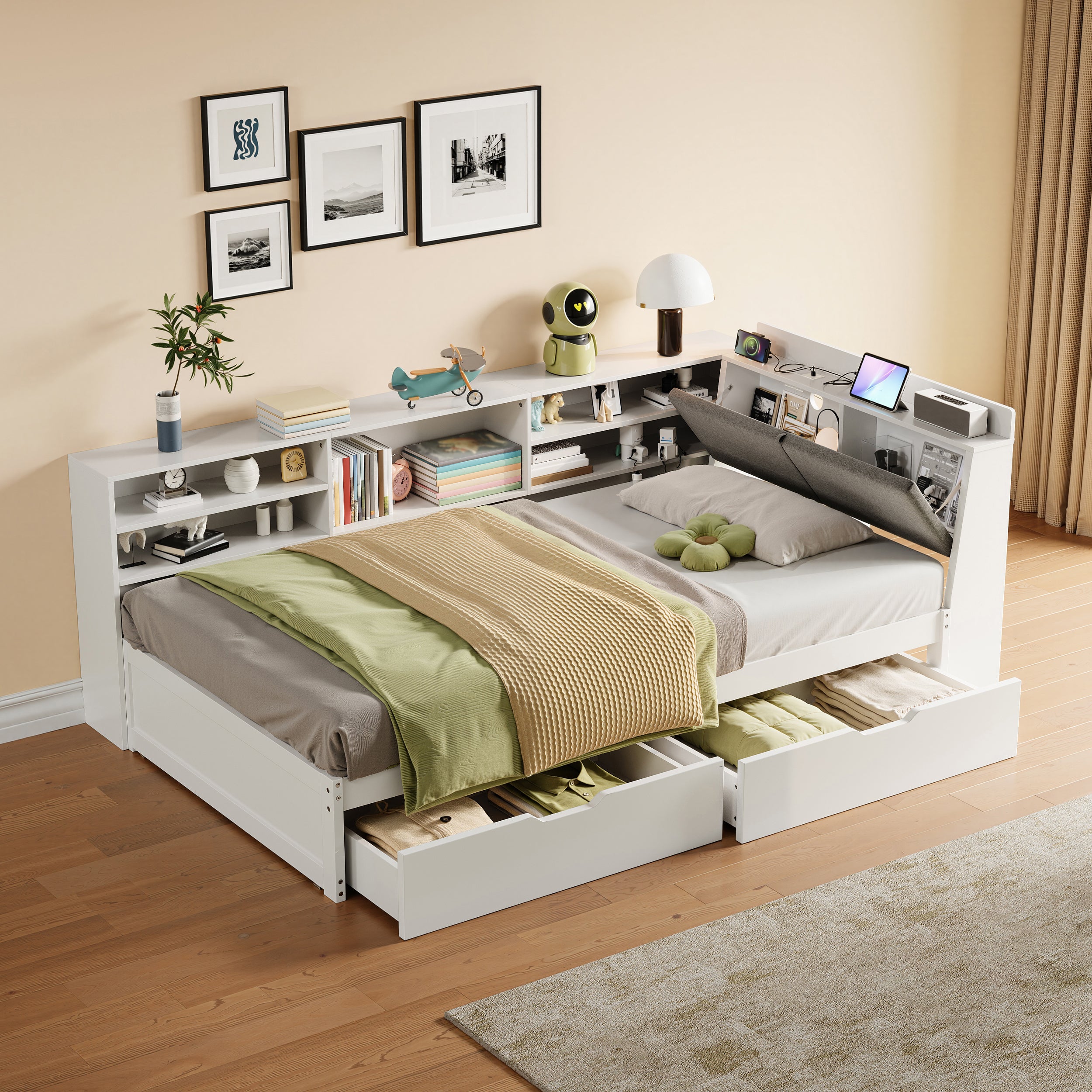 3ft Single L-Shape Daybed with Two Storage Drawers and Bookcase Storage, Linen Concealed Headboard Storage with Charging Station, Wood Bed for Living Room/ Bedroom/ Study Room, White (No Mattress)