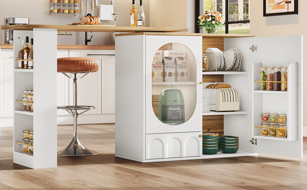 360° rotating bar table (body 138 x 39 x 105 cm), coffee bar furniture, rotating dining table with storage space, kitchen island, two doors with shelves, sideboard, buffet, white