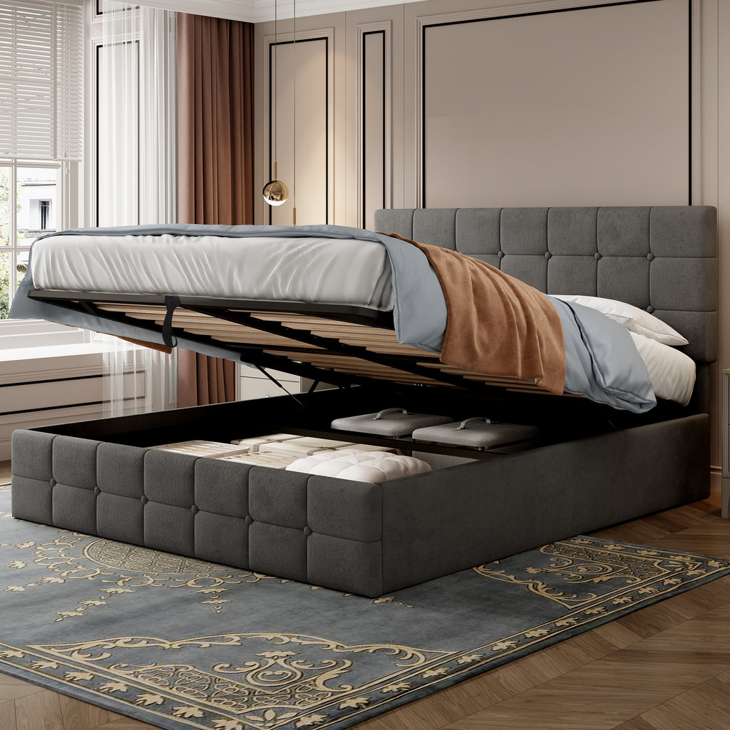 4ft6 Double Upholstered Storage Bed Frame, Velvet Ottoman Bed with Hydraulic Storage, Double Bed with Adjustable Button Tufted Headboard, Metal-Wood Support, No Mattress, Grey