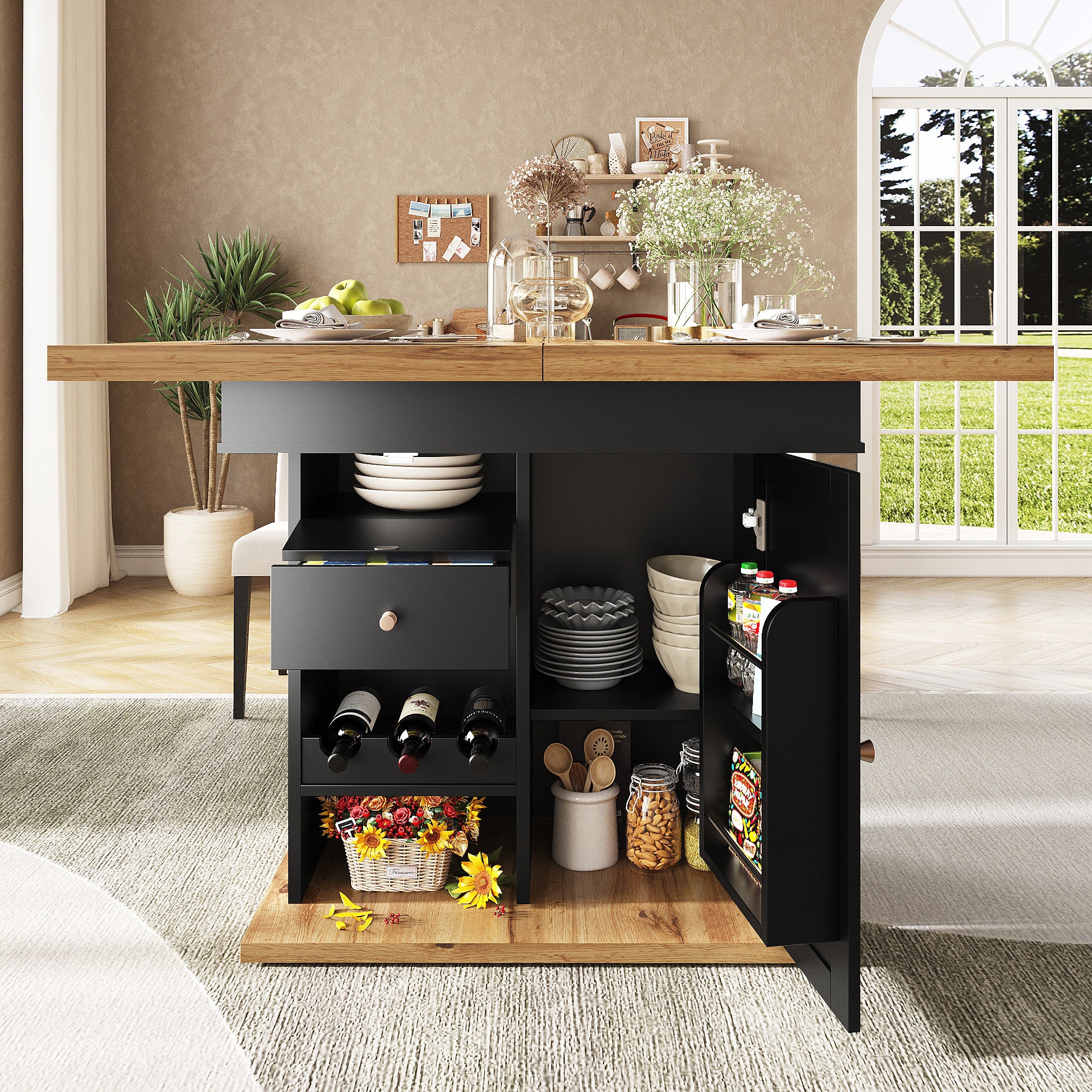 Telescopic dining table (110-140×80 cm), foldable kitchen table for 4-6 people, extendable dining table, space-saving kitchen table, for kitchen and living room, table with snack shelf and wine rack