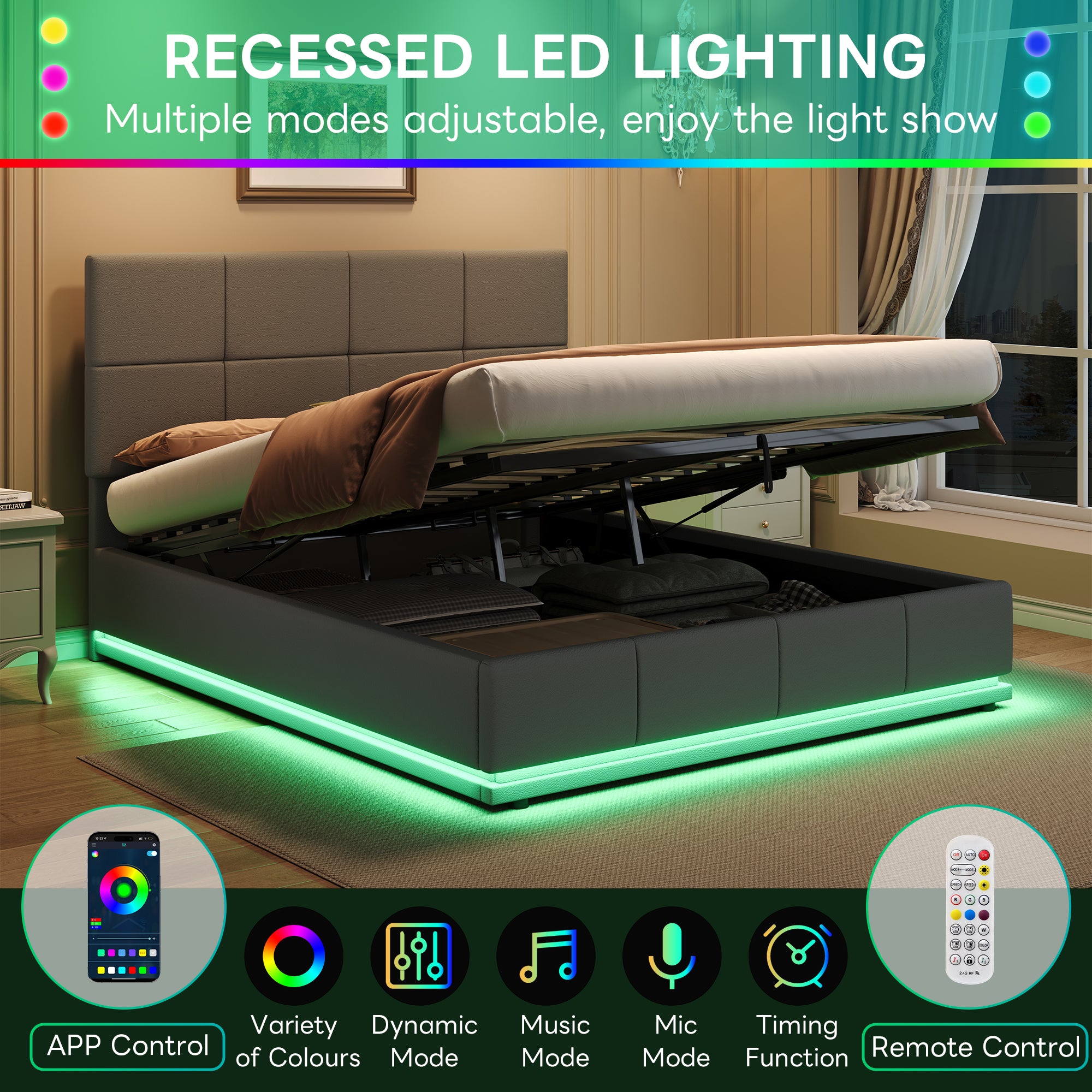 Ottoman Double Bed with LED Lighting, PU Leather Upholstered Bed with Hydraulic Storage, 4ft6 Double Bed Frame with Adjustable Square Tufted Headboard, Grey (No Mattress)