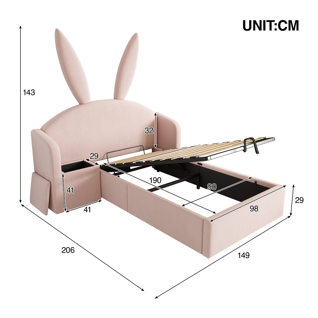 Bunny Ears Kids Bed, Single Upholstered Bed with Hydraulic Storage & Nightstand, Children Bed Frame for Girls Bedroom, 90 x 190 cm, Rose, No Mattress