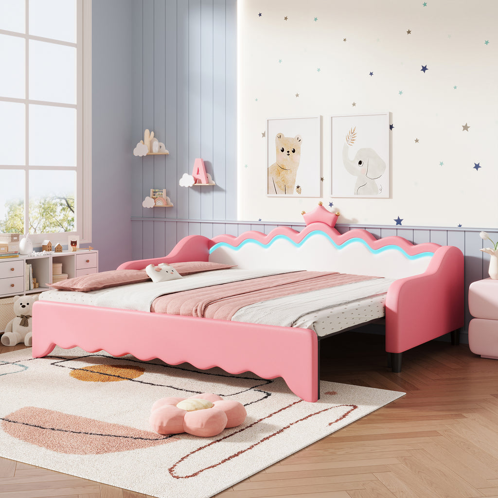 3ft Single Daybed with LED Crown Shape Headboard, PU Leather Sofa Bed Frame with Solid Wood Slat, Pull out Trundle Bed for Living Room/ Bedroom/ Study Room, Cream White + Pink (No Mattress)