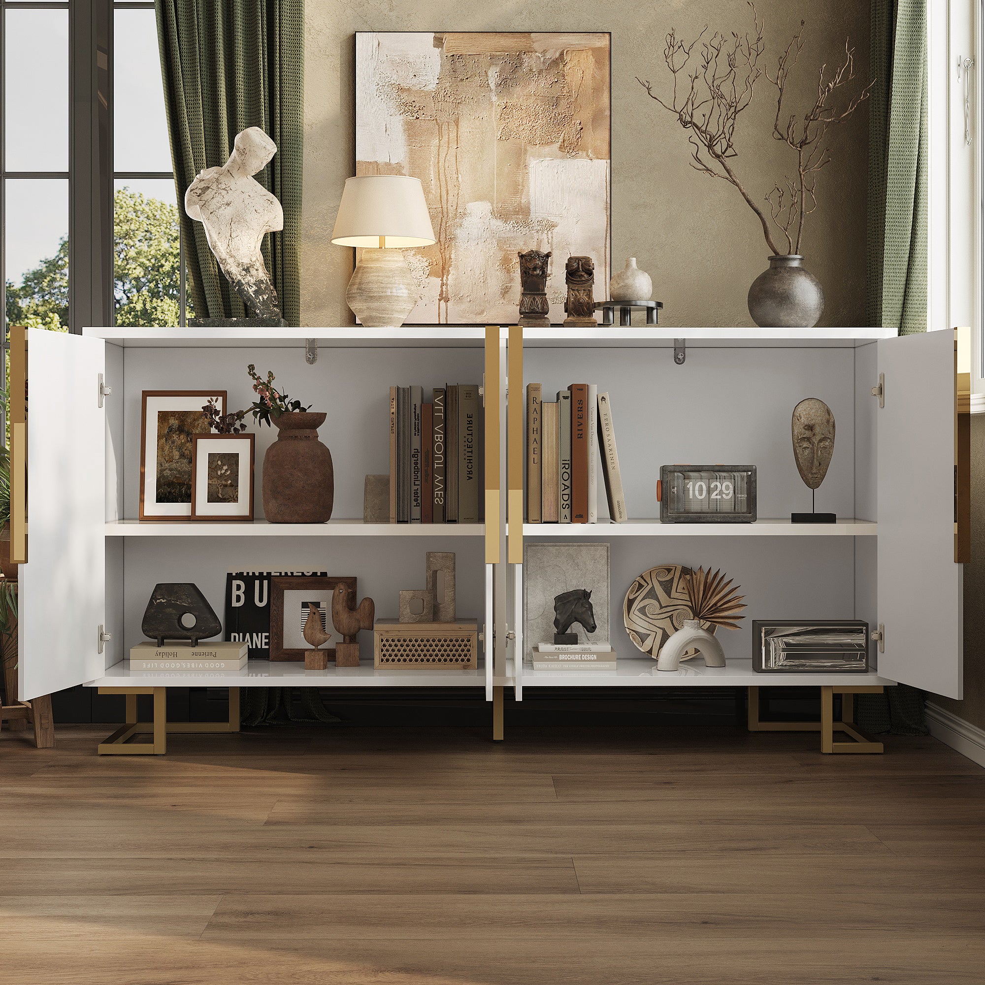 White sideboard (152 x 40 x 75 cm) features a unique geometric design and gold handles and feet for an elegant feel.
