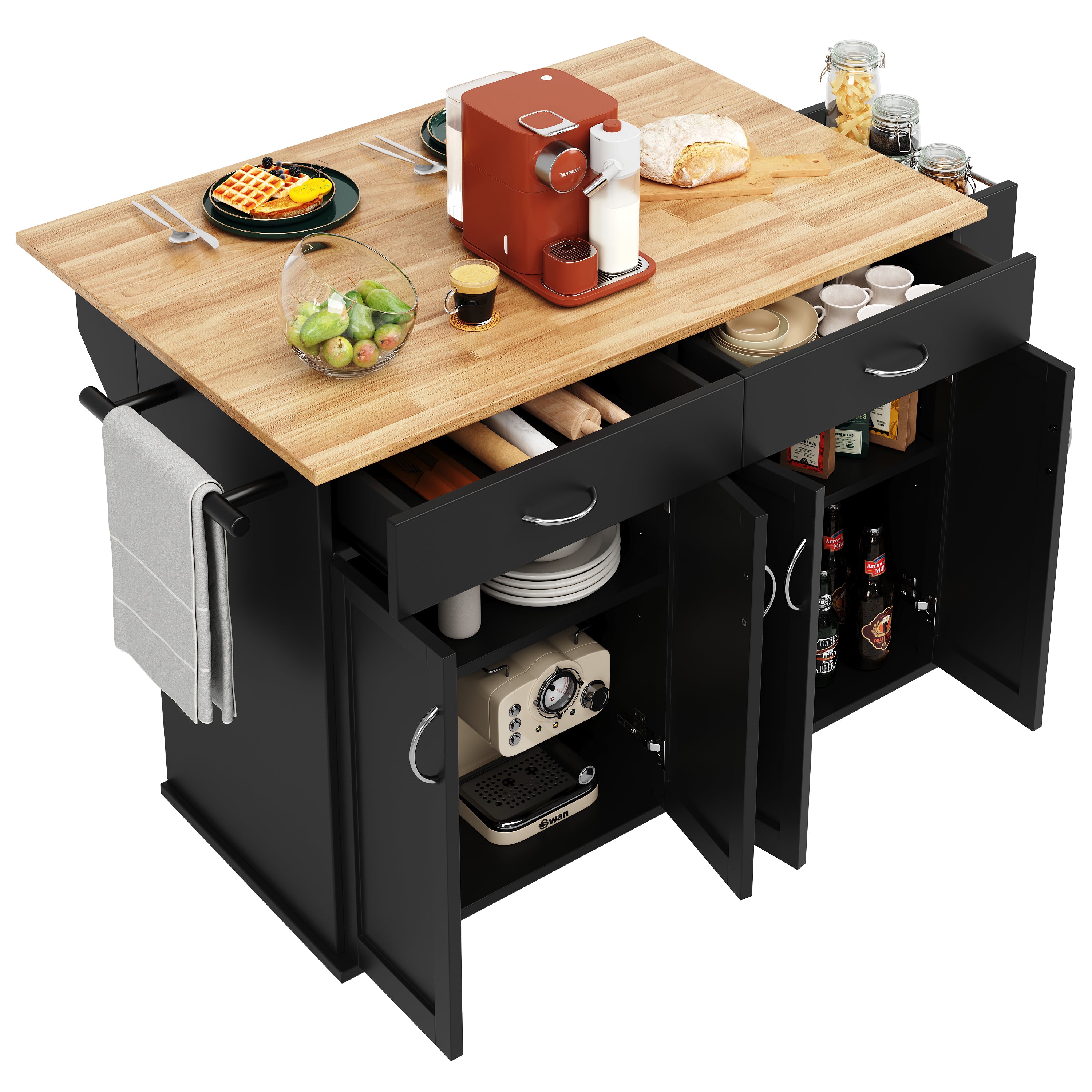 Rolling Kitchen Island Storage Trolley with Large Cabinet, 2 Drawers, Adjustable Shelf, Spice&Towel Rack, Sideboard Cupboard Cabinet Cart, Dining Room Organiser, Black