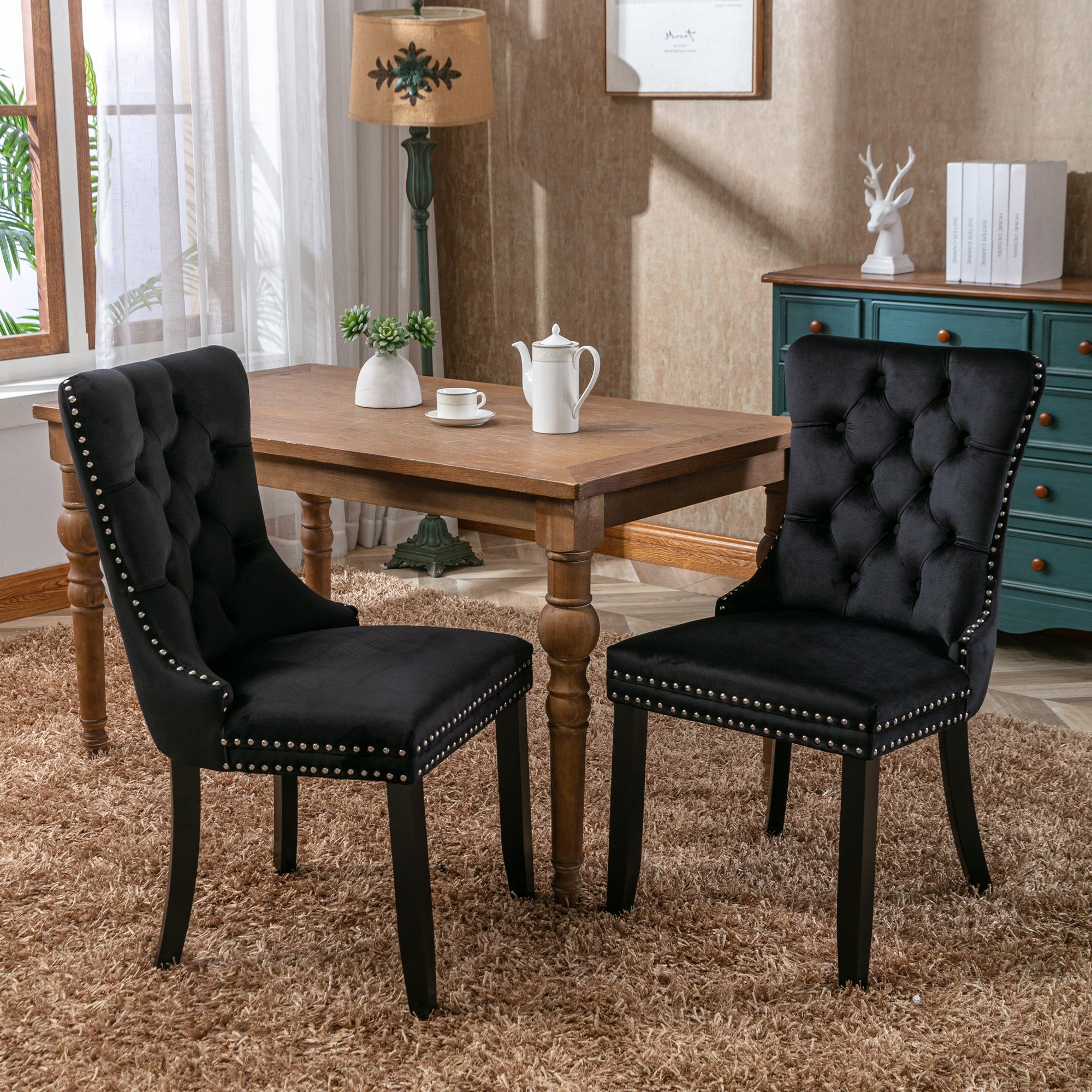 Modern Set of 6 Upholstered Velvet Dining Chairs, Button Tufted Kitchen Lounge Chairs with Solid Wood Legs, Riveted Trim and Knocker Ring, for Dining Room Living Room, Black