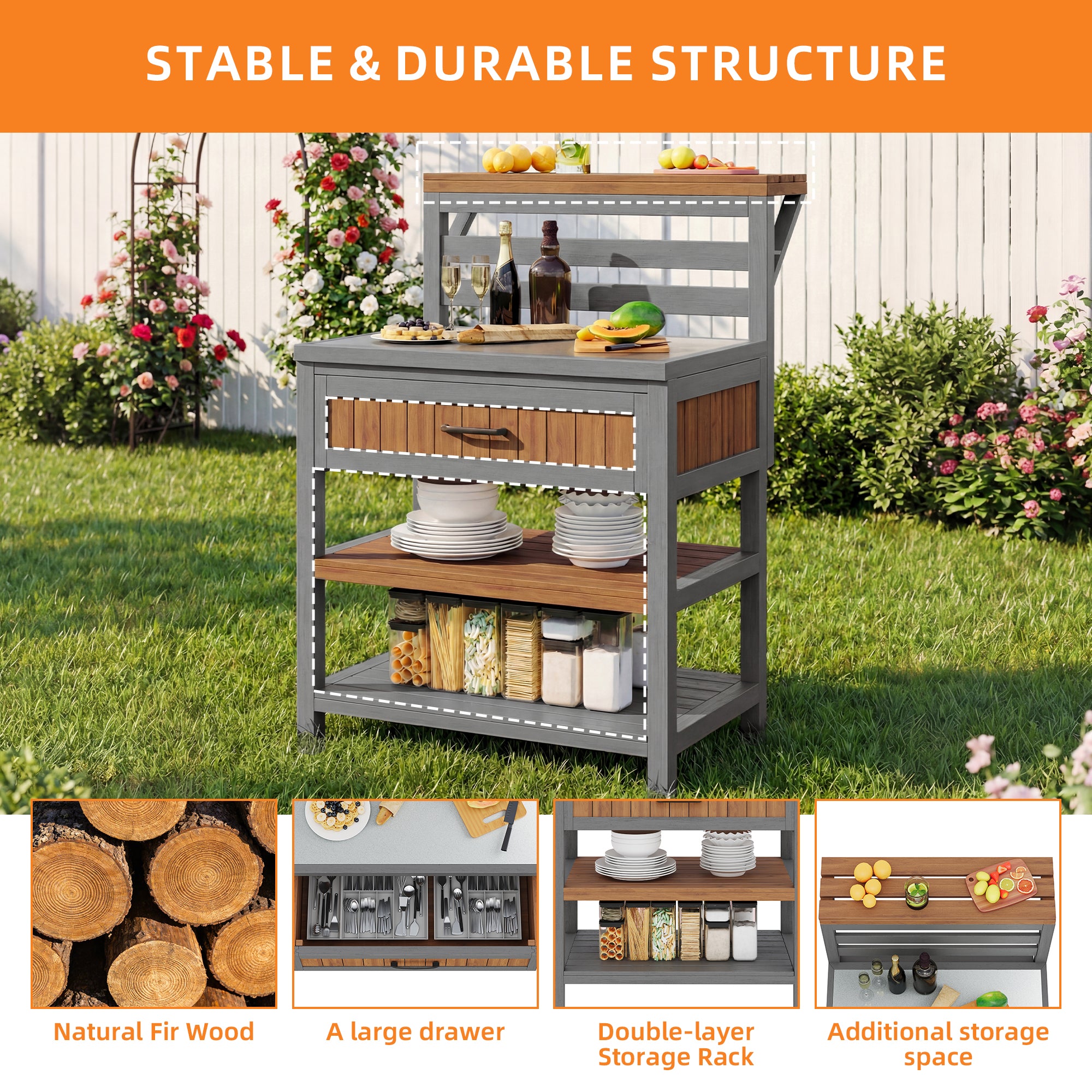 Wooden outdoor garden cabinet, outdoor cabinet with stainless steel worktop & large drawer, barbecue station with double shelf, tilt-proof design, weather-resistant kitchen cabinet for patios