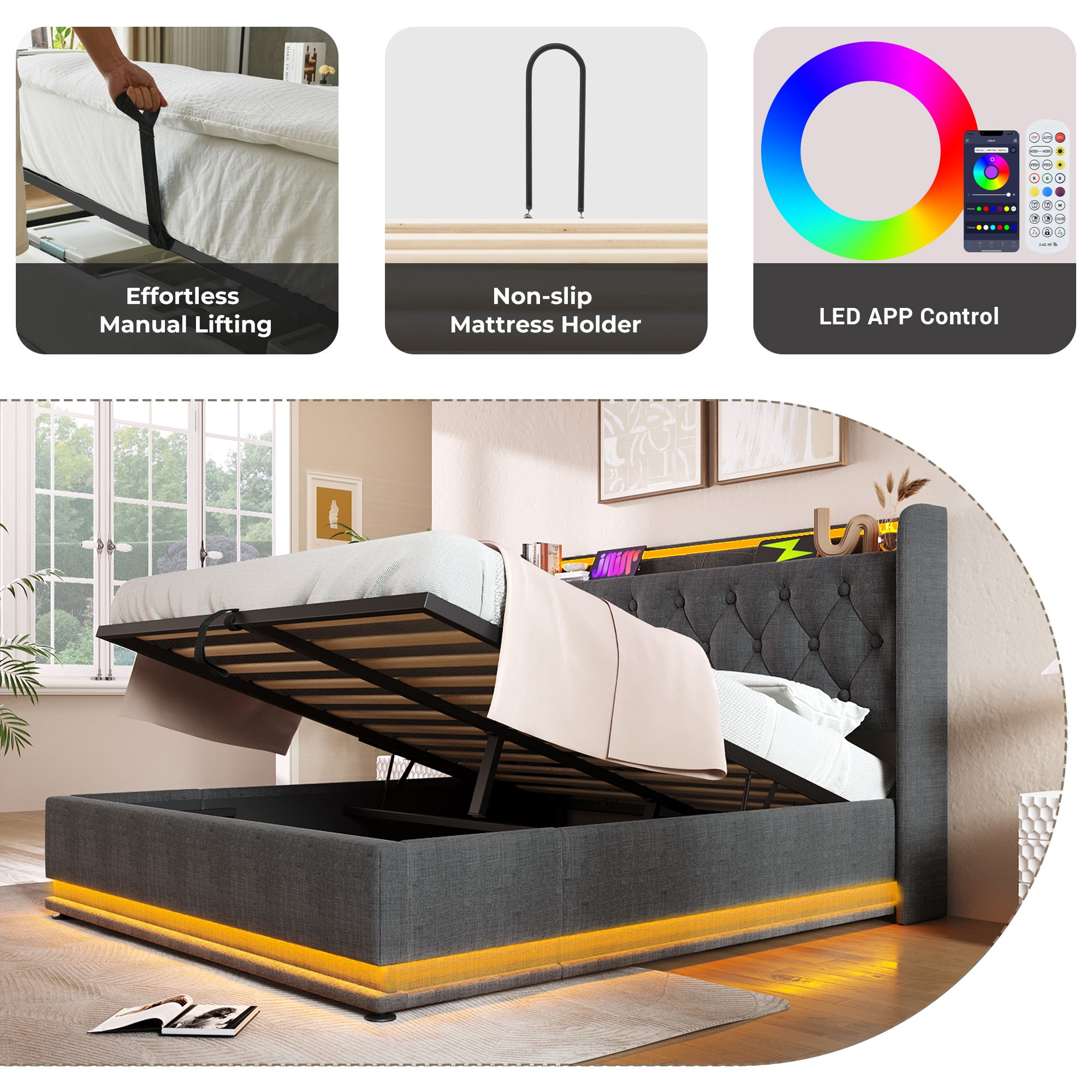 Upholstered Double Ottoman Bed with 360 Surround Led Function,Hydraulic Storage Bed Frame with Large Storage Space, 4ft6 Double Bed Frame with Charging Function,135 x190 ,Linen, Grey (No Mattress)