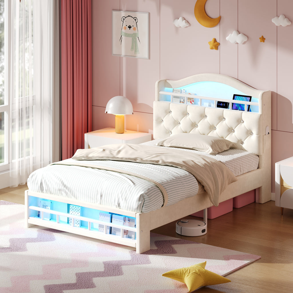 3ft Single Upholstered Velvet Bed Frame, LED Bed Frame with Charging Station & Diamond Tufted Headboard, Concealed Headboard Storage with USB and Type - C Ports, Easy Assembly, Beige (No Mattress)