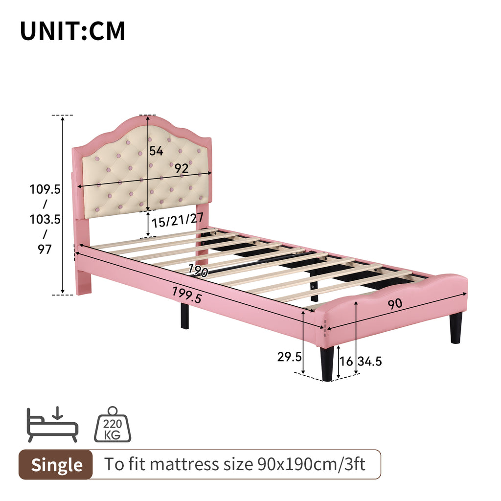 3ft Single Upholstered Bed Frame with Adjustable Chic Button-Tufted Headboard, PU Faux Leather Bed Frame with Solid Wood Slat, No Box Spring Needed, Easy Assembly, Pink+Beige (No Mattress)