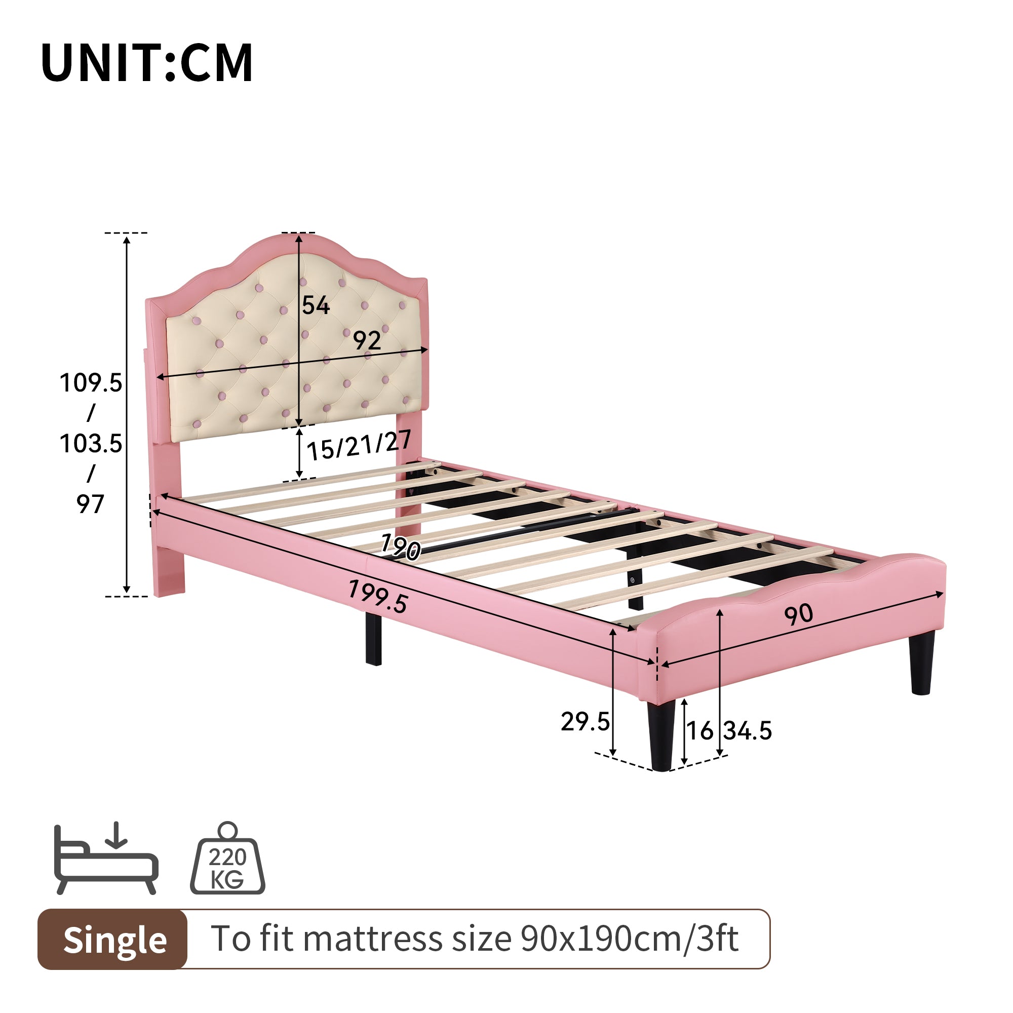 3ft Single Upholstered Bed Frame with Adjustable Chic Button-Tufted Headboard, PU Faux Leather Bed Frame with Solid Wood Slat, No Box Spring Needed, Easy Assembly, Pink+Beige (No Mattress)