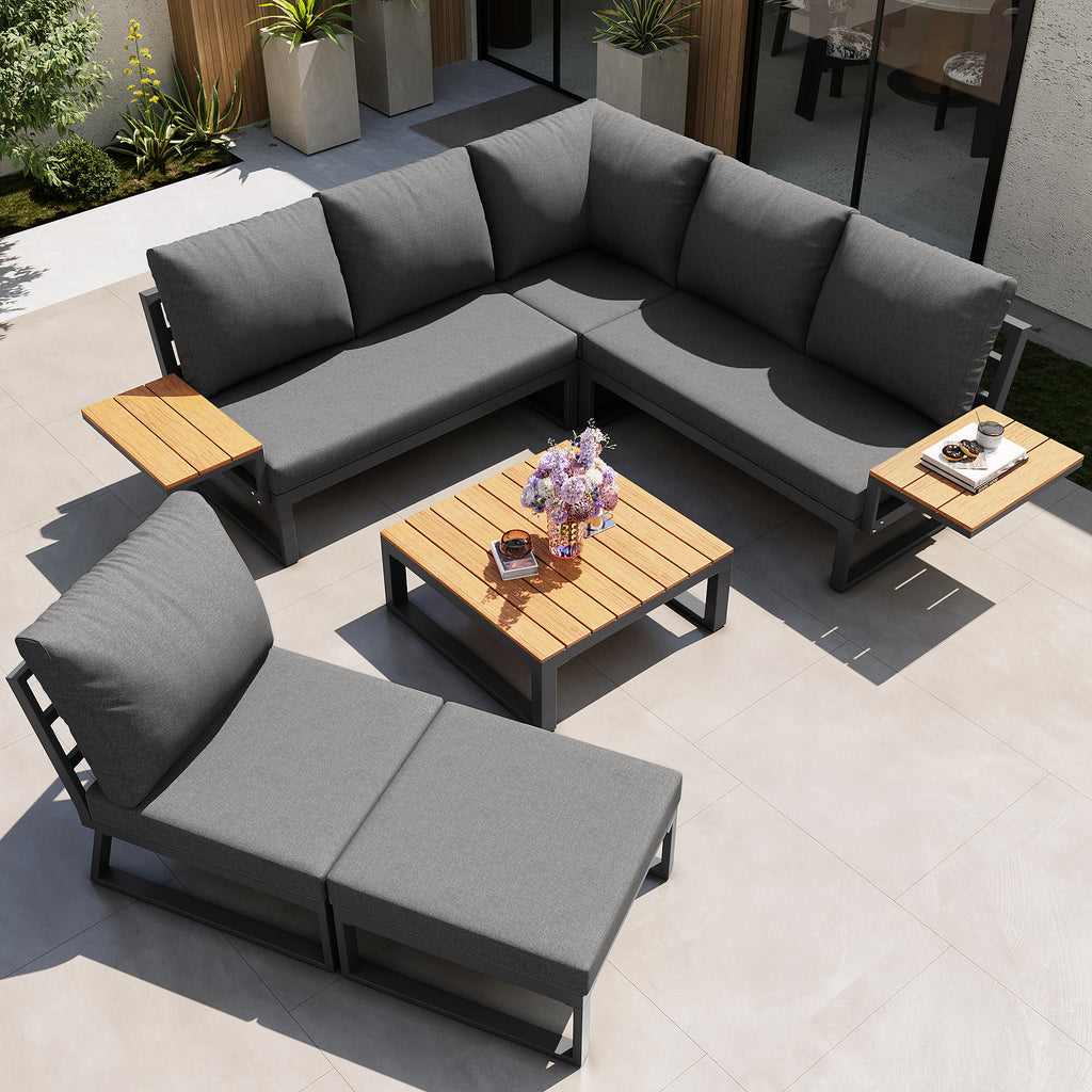 L-Shaped Garden Sofa Set with Wooden Armrests / Weather-Resistant Corner Suite & Daybed Made of Iron / Including Wooden Table, Armchair & Stool, 7-Person / With Cushions / Gray
