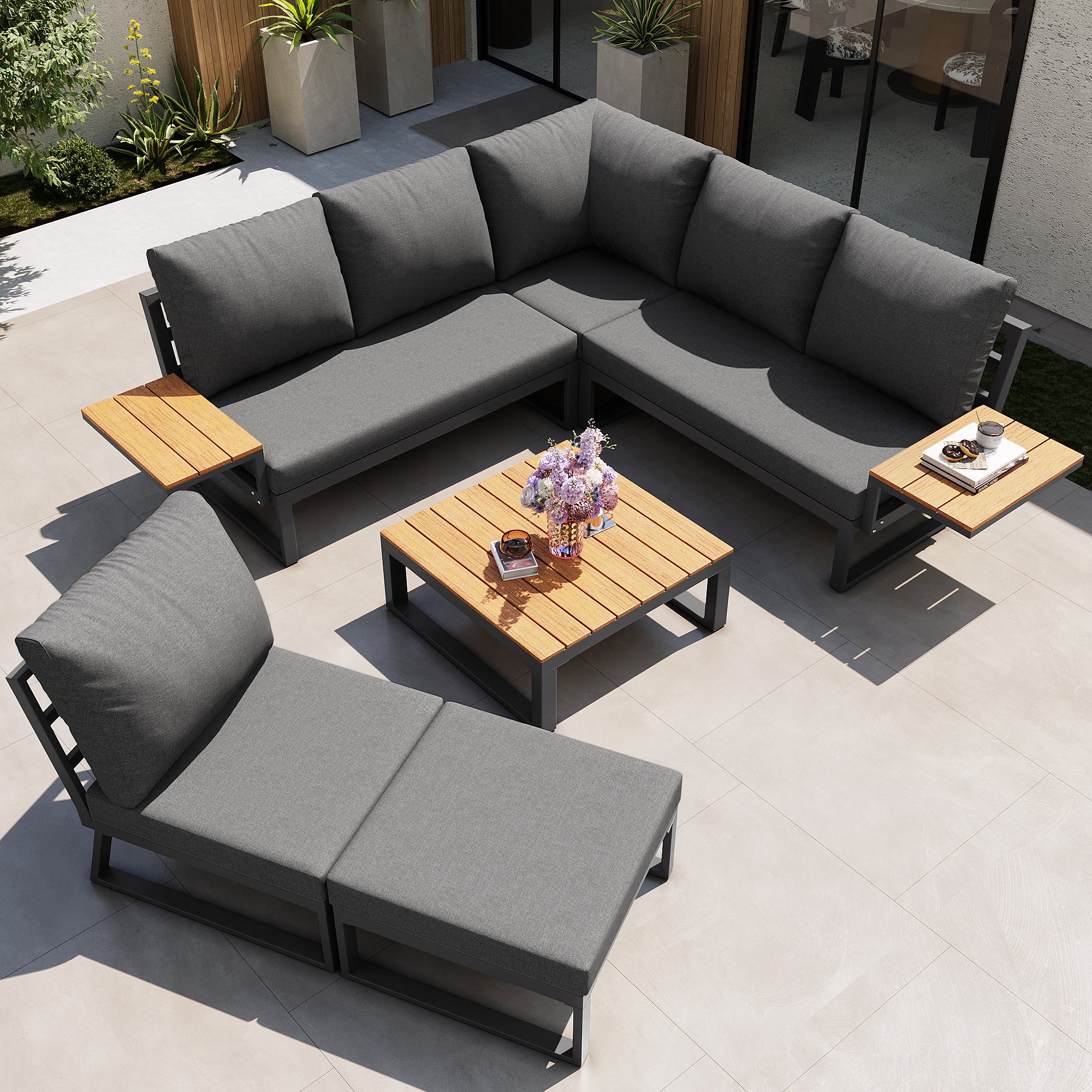 L-Shaped Garden Sofa Set with Wooden Armrests / Weather-Resistant Corner Suite & Daybed Made of Iron / Including Wooden Table, Armchair & Stool, 7-Person / With Cushions / Gray