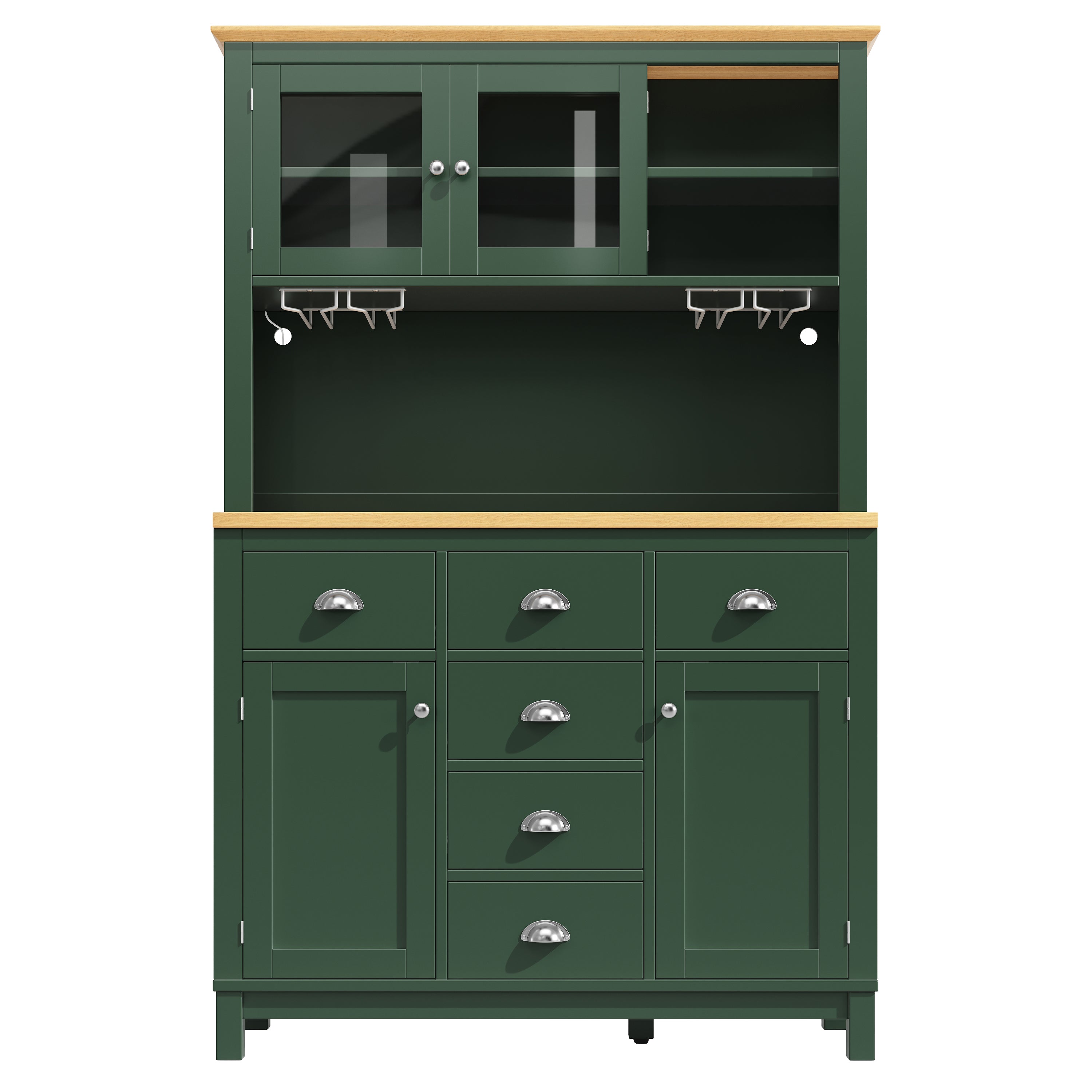 Sideboard / Storage Cabinet / Kitchen Cabinet / Buffet Cabinet, 104x40x180cm, Farmhouse Style, 5 Doors, with LED Light Strip & Drink Holders, Green/White