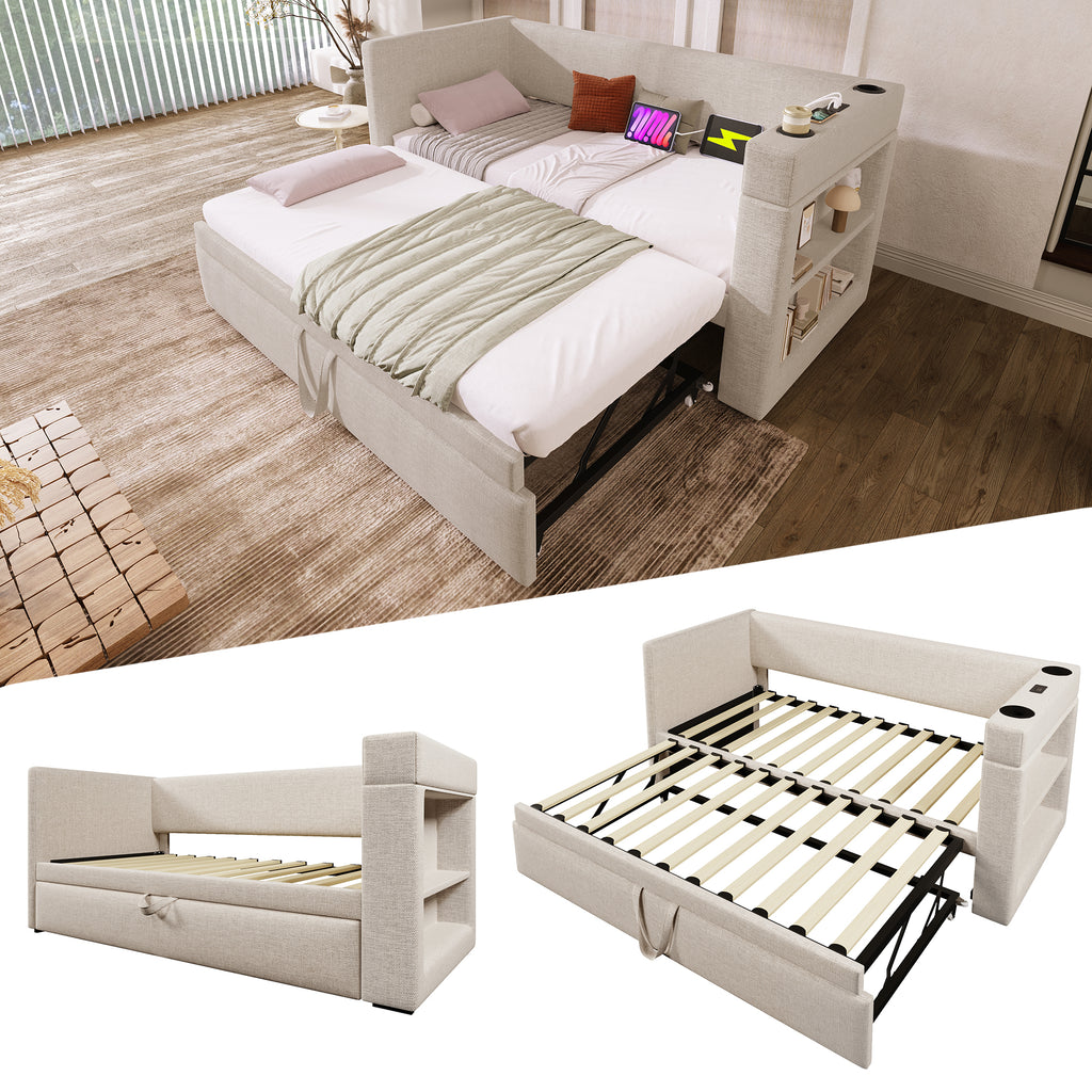(=TT20148990B) Daybed Upholstered Bed 90 x 190 cm, 3FT Single Sofa Bed with Cup Holders, USB &Type C Charging Station, Pull out Trundle for Living Room and Bedroom, Linen, Beige  (No Mattress)