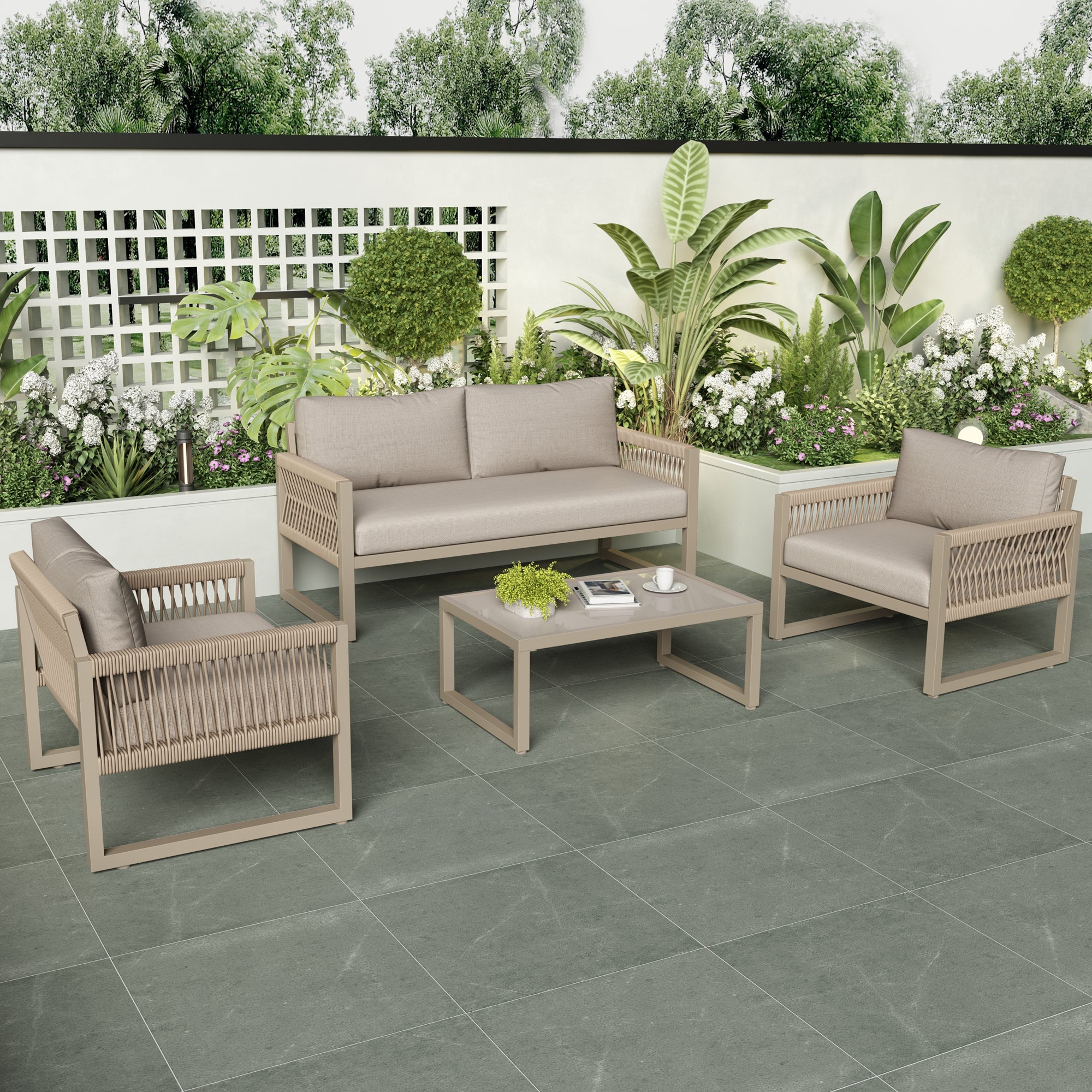 Outdoor Patio&Backyard Furniture Garden Lounge Set for 4 people, Thick Quality Space Saving Sofa with Glass Coffee Table, Khaki