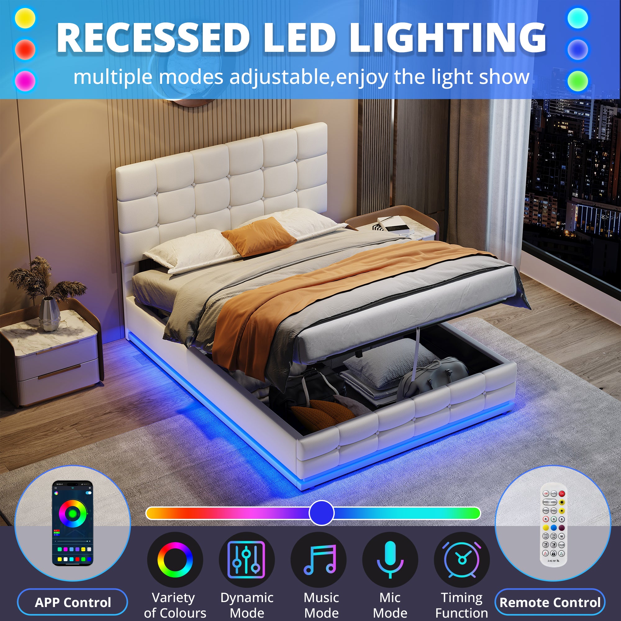 Ottoman Double Bed with LED Lighting, PU Leather Upholstered Bed with Hydraulic Storage, 4ft6 Double Bed Frame with Adjustable Button Tufted Headboard, Cream White (No Mattress)