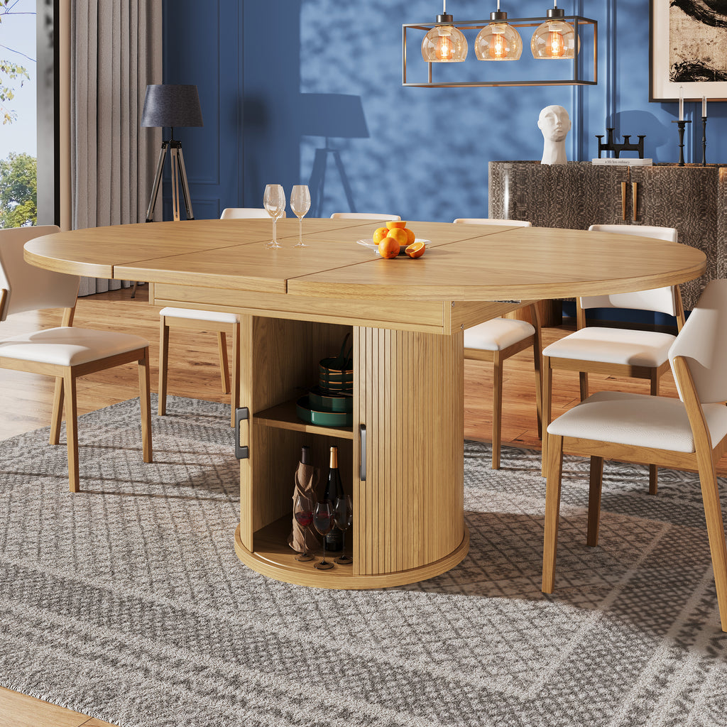 Extendable dining table, dining room table, kitchen table, balcony table, extendable table top Round dining table, extends to oval, 118–158 cm, seats up to 6 people, natural