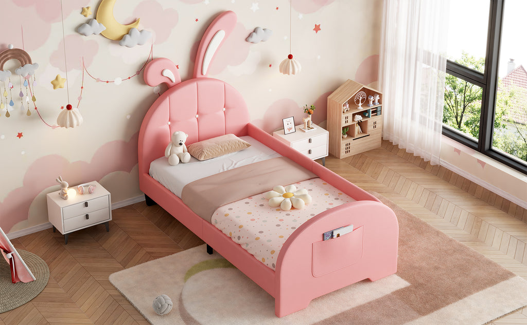 3ft Single Rabbit-Shaped Upholstered Bed Frame, Bunny Ear Headboard & Footboard Storage Pocket, Soft PU Leather Single Bed with Sturdy Metal-Wood Frame, Pink(No Mattress)