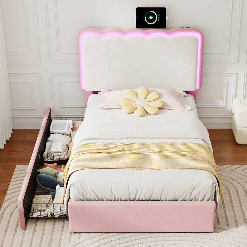 3ft Single Upholstered Bed with Adjustable LED Wavy Headboard, Soft Velvet Bed Frame with 2 Storage Drawers, Bed Frame with Solid Wood Slat, Easy Assembly, Pink+Cream White (No Mattress)