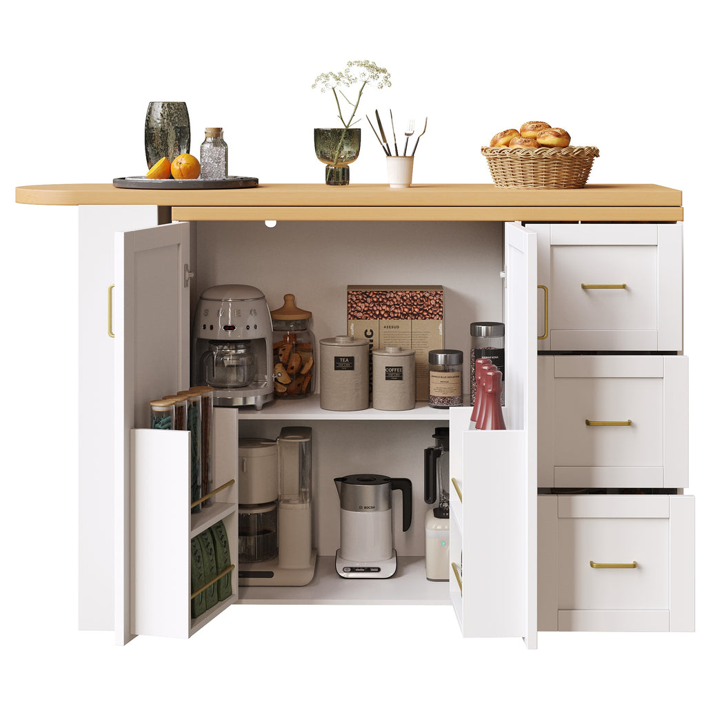 Extendable Bar Cart with 2 Doors & 3 Drawers (135-228 x 39 x 104 cm), Rollable, Home Bar in White, Worktop in Wood Look