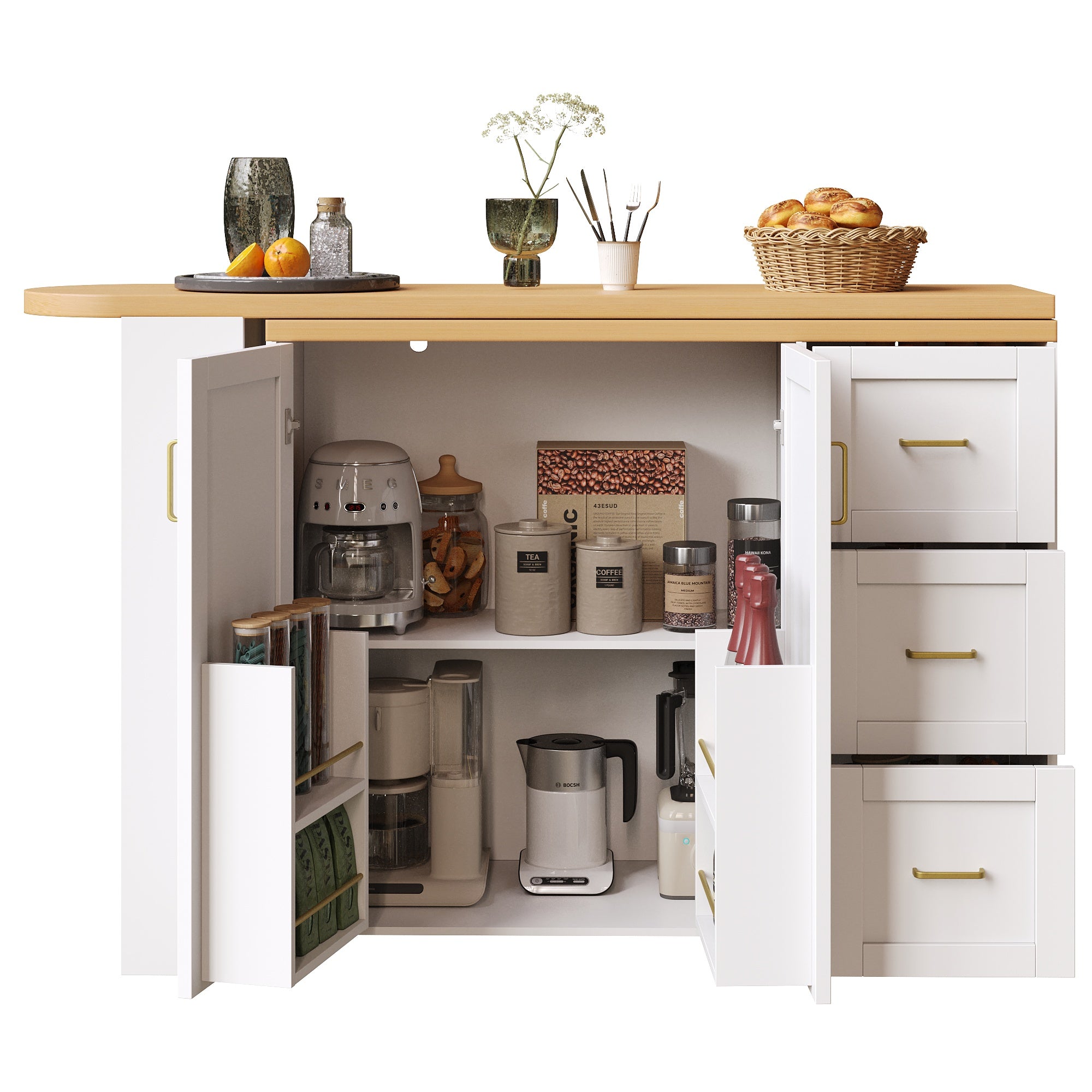 Extendable Bar Cart with 2 Doors & 3 Drawers (135-228 x 39 x 104 cm), Rollable, Home Bar in White, Worktop in Wood Look