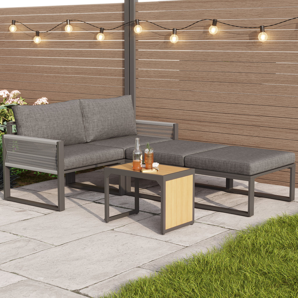 2-4 Seater Modular Garden Furniture Set with Plastic Wood Table, Flexible Corner Sofa with Polyester Rope and Waterproof Linen Fabric, Weatherproof Outdoor Patio Lounge Set, Grey