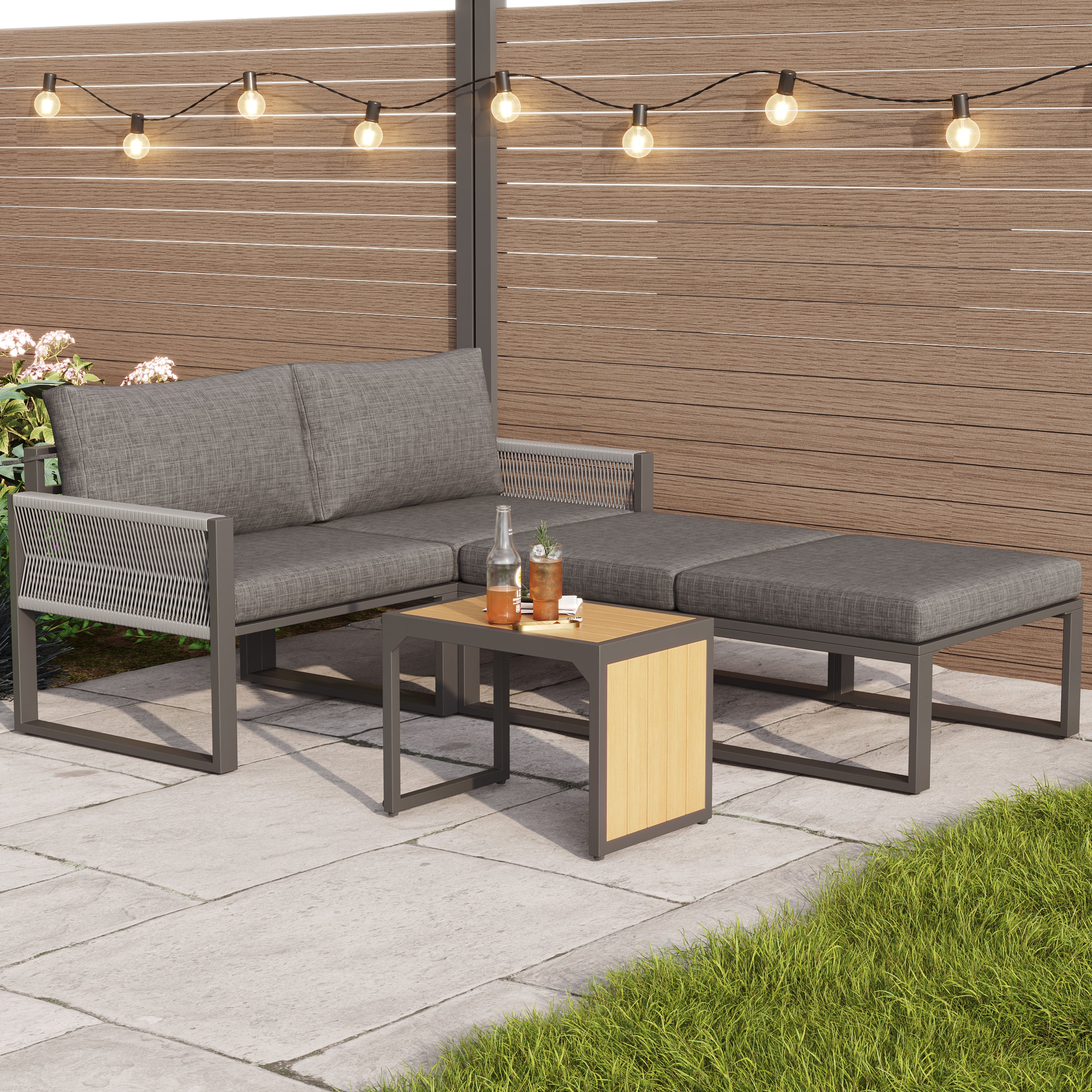 2-4 Seater Modular Garden Furniture Set with Plastic Wood Table, Flexible Corner Sofa with Polyester Rope and Waterproof Linen Fabric, Weatherproof Outdoor Patio Lounge Set, Grey