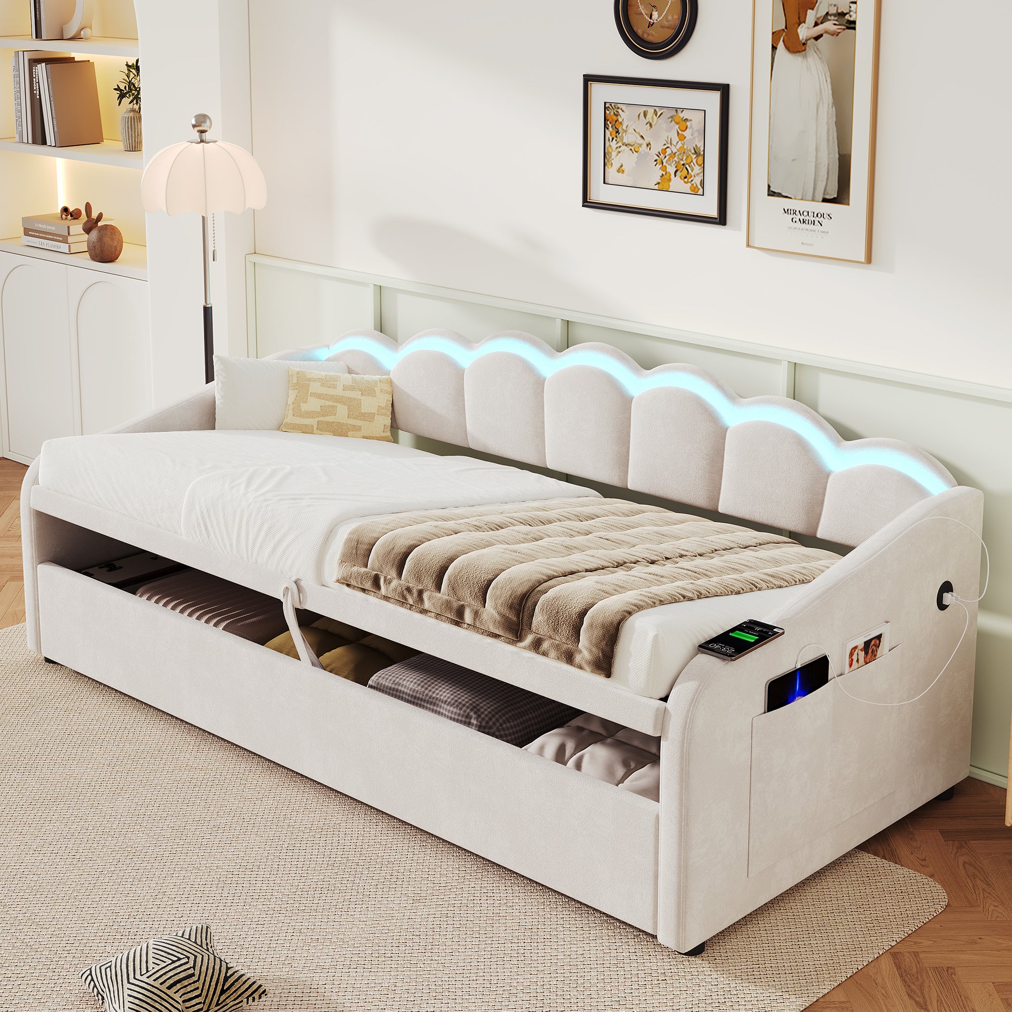 Upholstered Bed 90x190cm, Daybed, RGB LED Sofa Bed with Charging Station, 3ft Petal Shape Single Bed with Hydraulic Storage for Living Room/ Bedroom/ Study Room, Velvet, Beige (No Mattress)