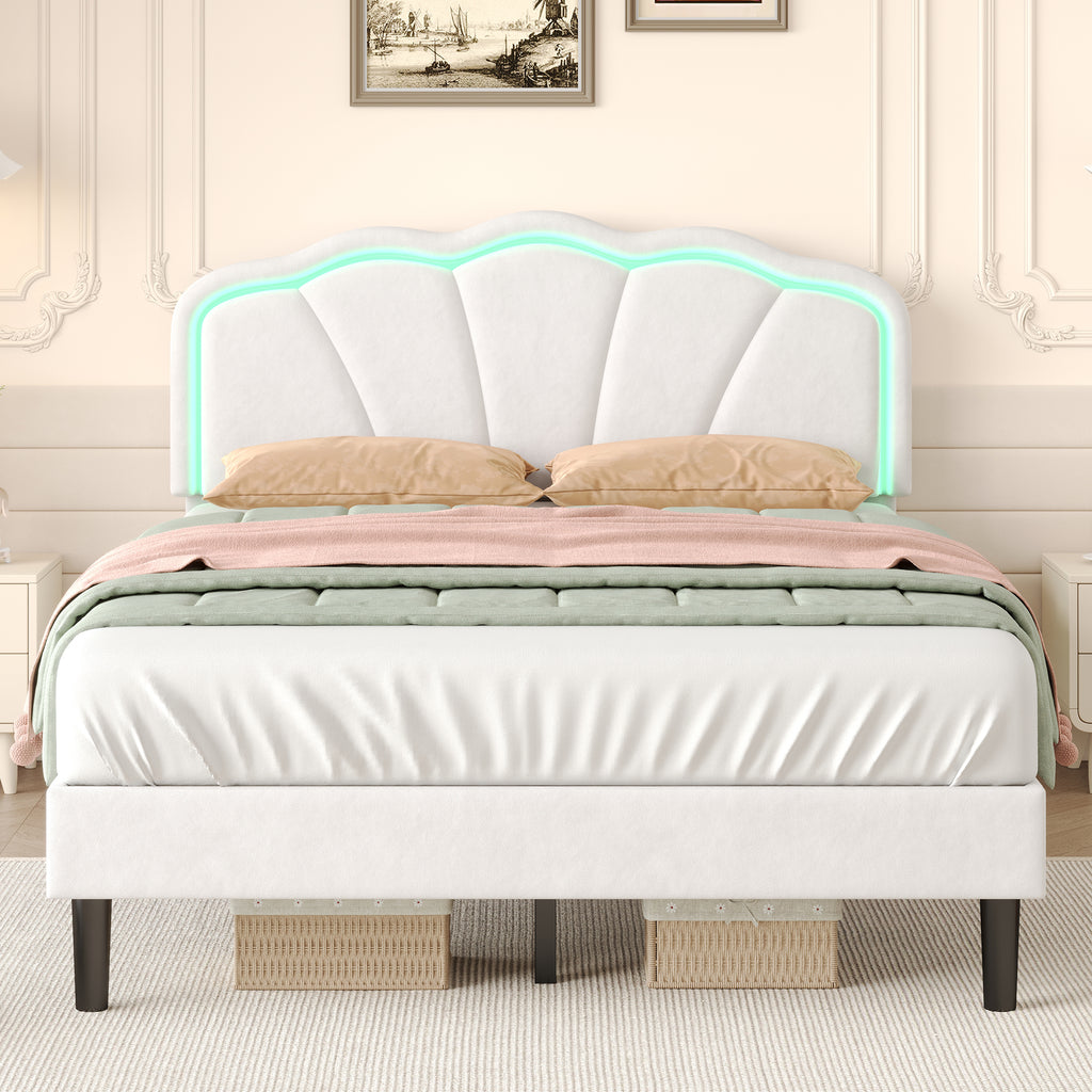 4ft6 Double Upholstered Bed with LED Adjustable Shell Shape Headboard, Soft Velvet Bed Frame with Solid Wood Slat, No Box Spring Needed, Easy Assembly, Cream White (No Mattress)
