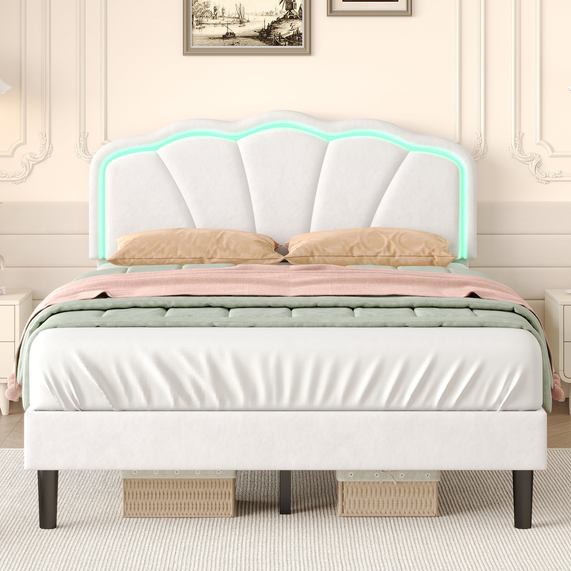4ft6 Double Upholstered Bed with LED Adjustable Shell Shape Headboard, Soft Velvet Bed Frame with Solid Wood Slat, No Box Spring Needed, Easy Assembly, Cream White (No Mattress)