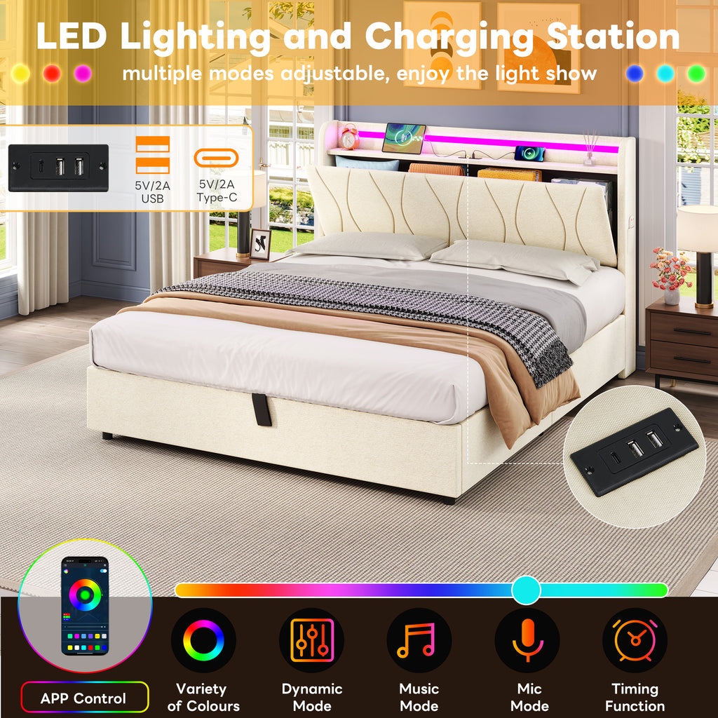 4ft6 Double Upholstered Bed Frame with Hydraulic Storage, LED Headboard with Charging Station and Concealed Headboard Storage, USB and Type - C Ports, Linen, No Box Spring Needed, Beige (No Mattress)