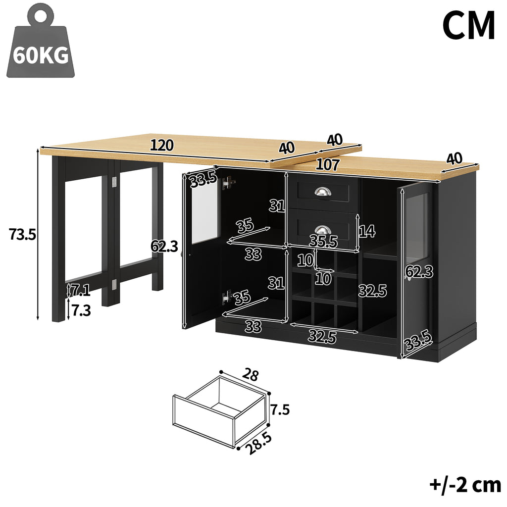 Extendable Sideboard with LED Lights, 120-197cm Adjustable Dining Table with Storage, 2 Drawers & Glass Cabinet doors, White/Black