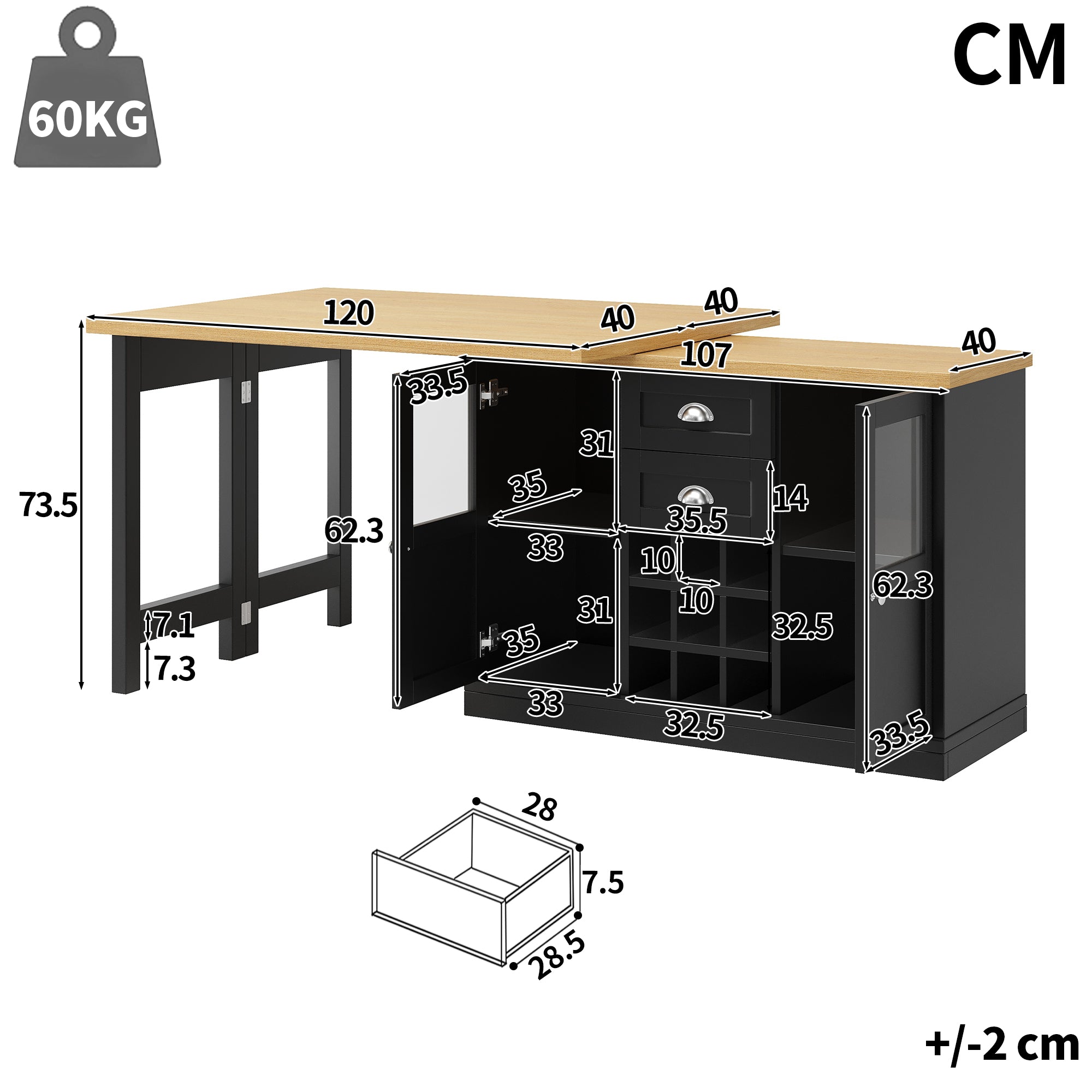 Extendable Sideboard with LED Lights, 120-197cm Adjustable Dining Table with Storage, 2 Drawers & Glass Cabinet doors, White/Black