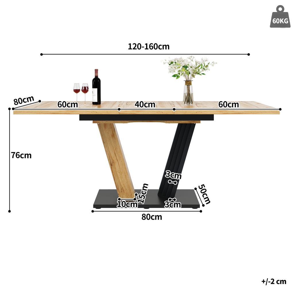 Extendable table 120-160 x 80 x 76 cm, Kitchen table, extendable to 160 cm, suitable for kitchen and living room, tabletop with wood grain finish
