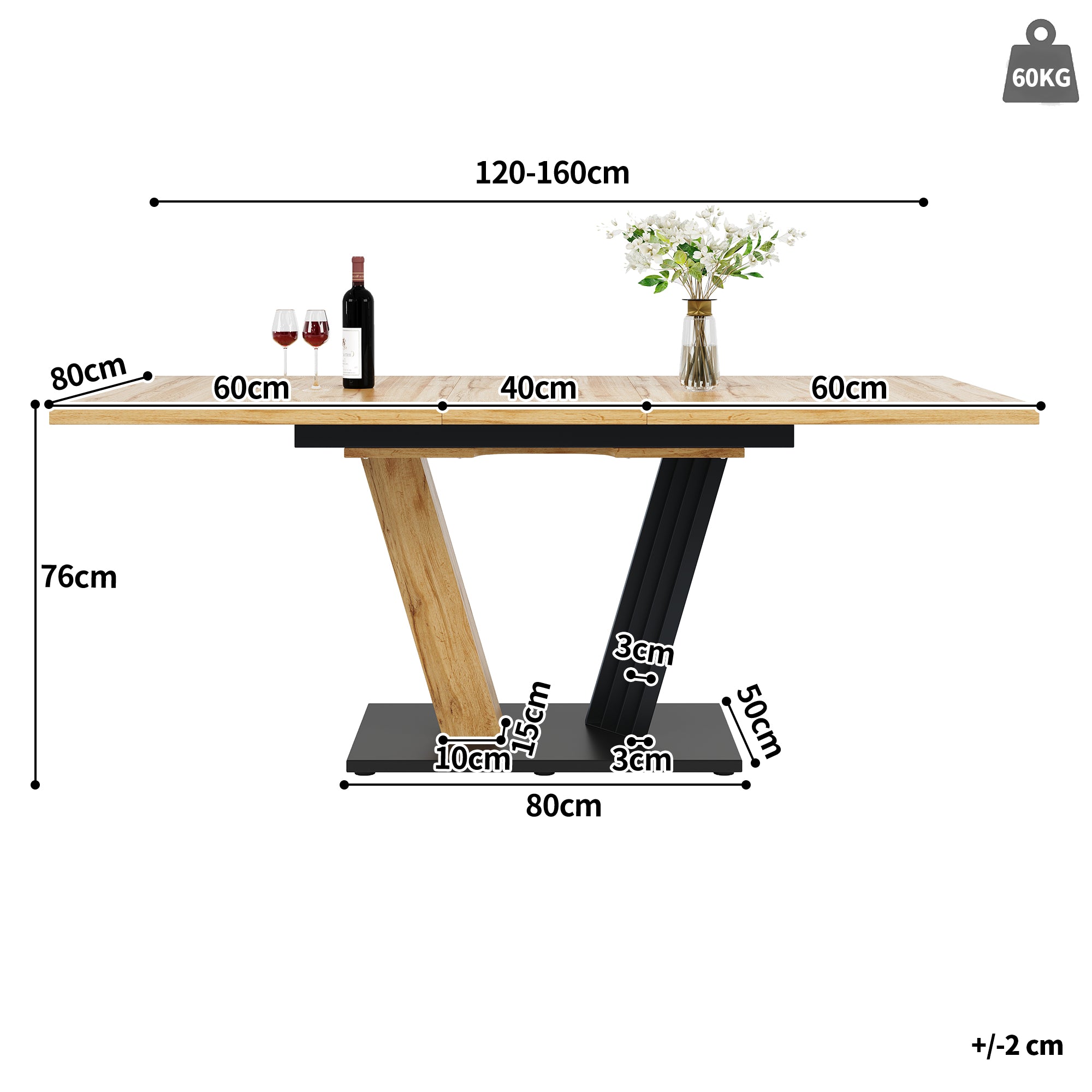 Extendable table 120-160 x 80 x 76 cm, Kitchen table, extendable to 160 cm, suitable for kitchen and living room, tabletop with wood grain finish