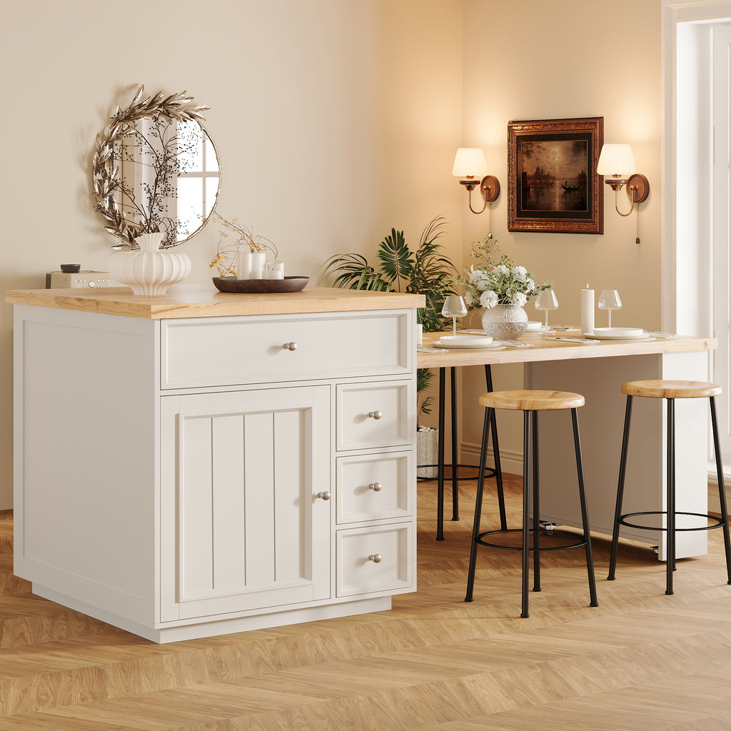 Extendable kitchen island (120-184 cm) with drawers and casters, mobile kitchen island with wood-look tabletop, versatile counter island for kitchen, dining room & bar counter, white/black