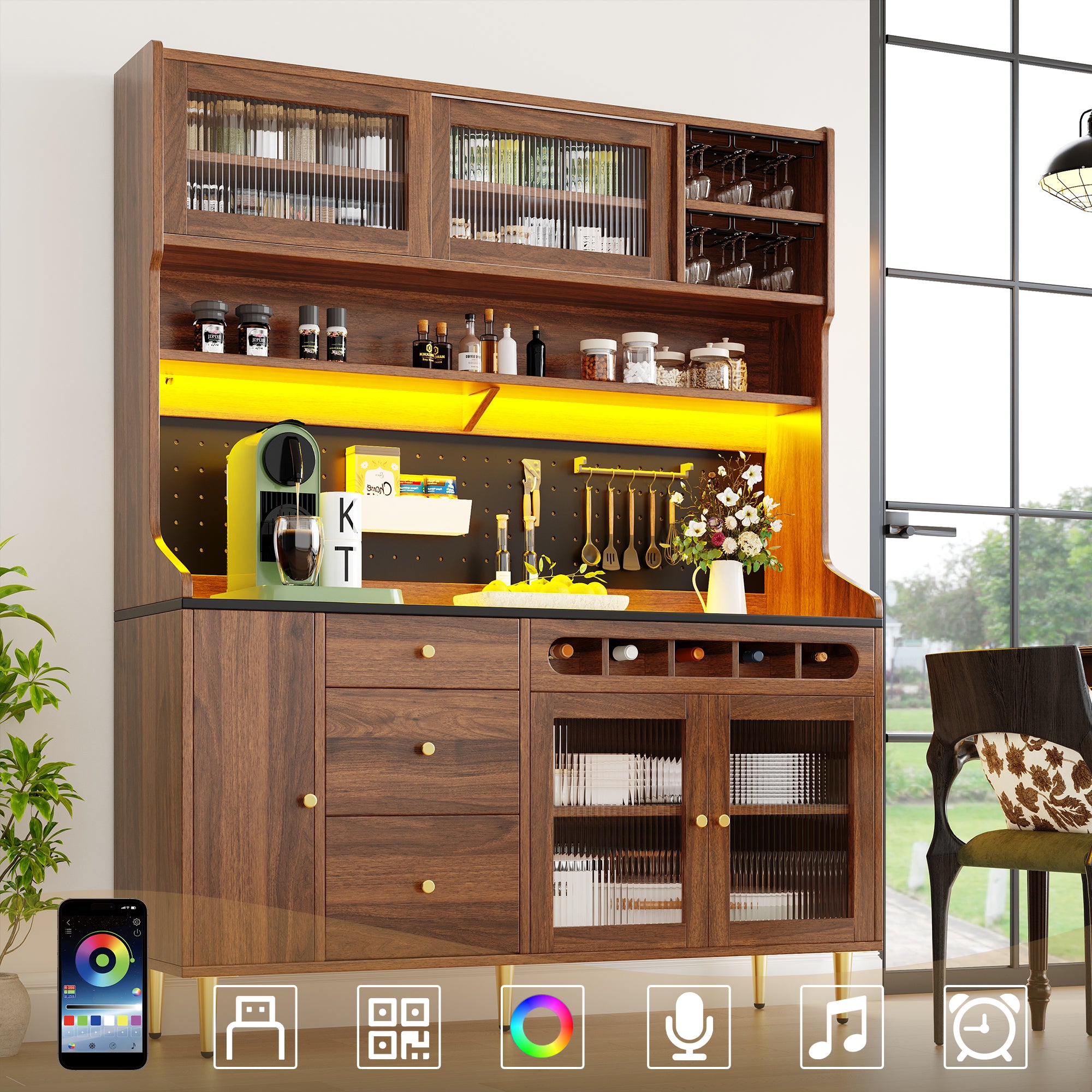 Highboard with Adjustable Shelves & LED Lights, Freestanding Storage Unit for Living Room Kitchen Dining, Tall cabinet with wine rack, Dimensions 145x39x171cm,Walnut color