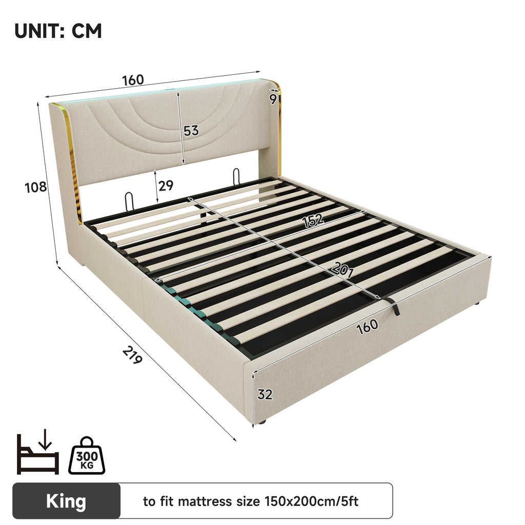 5ft King Upholstered Bed Frame with Hydraulic Storage, LED Headboard with Charging Station and Chrome Trim, USB and Type-C Ports, Linen, No Box Spring Needed, Beige (No Mattress)