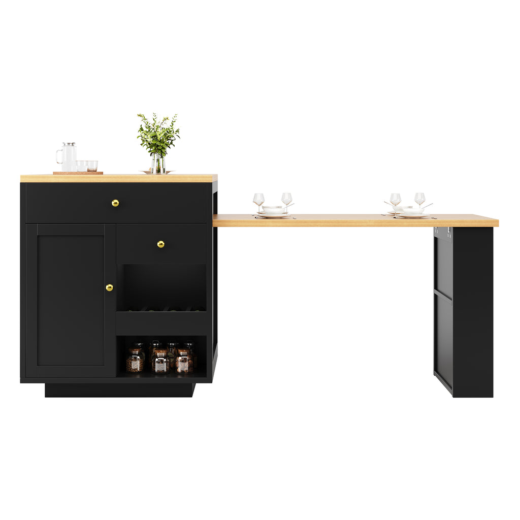 Extendable bar table with storage (122.5-195.5×70×93.8cm), with three drawers and wine rack, kitchen island with extendable table, for 2-6 people, kitchen dining cart with side shelves, black