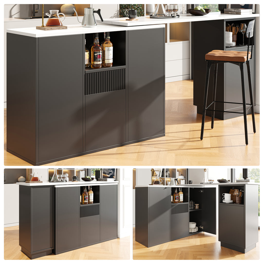 360° swivelling bar table (main body 198.5 x 30 x 75 cm), modern and sleek design, with open storage space and marble worktop, suitable for kitchen, living room and dining room, black